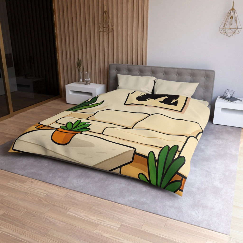 Housse de Couette Élégante avec Design Graphique Moderne et Plantes Vertes Décoratives