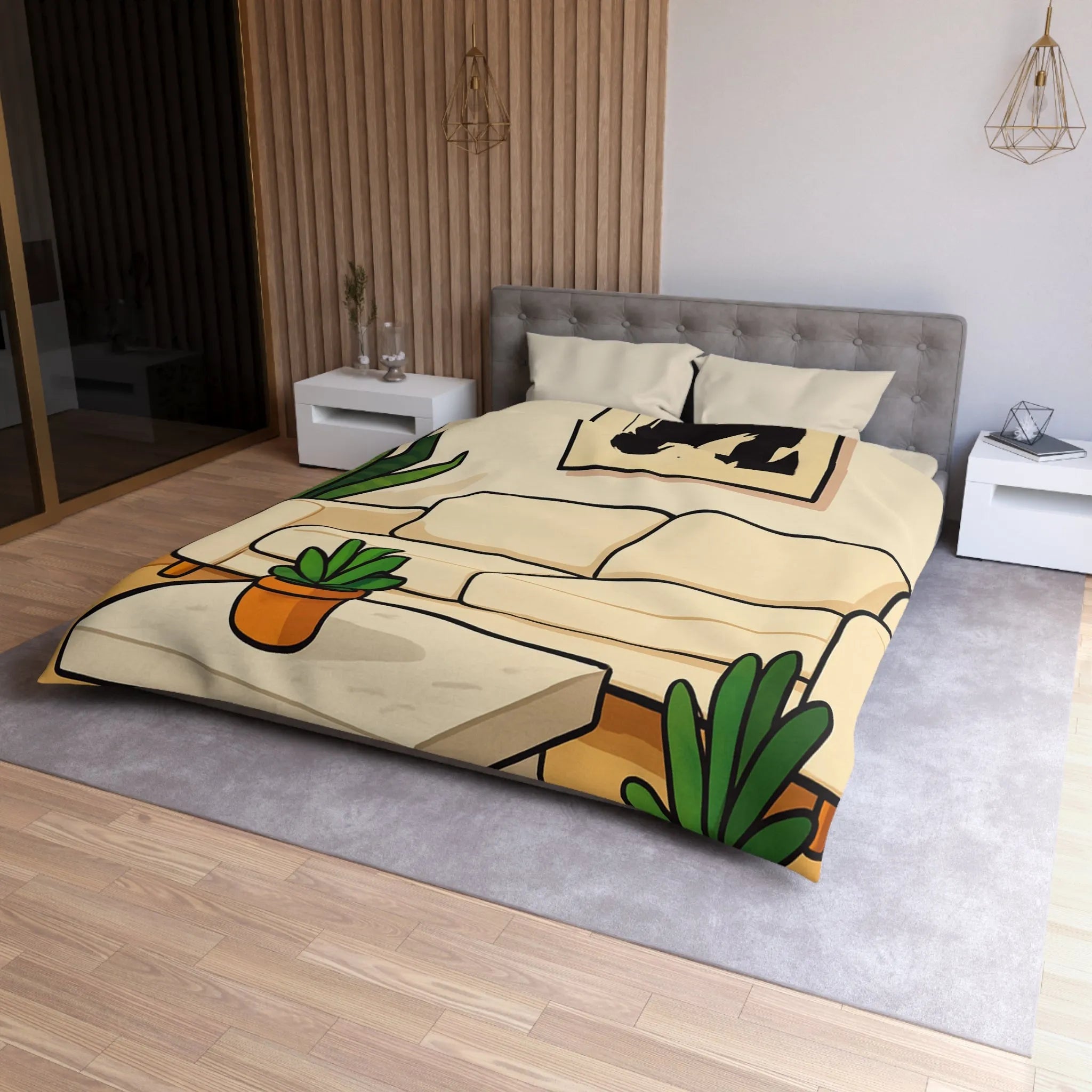 Housse de Couette Élégante avec Design Graphique Moderne et Plantes Vertes Décoratives