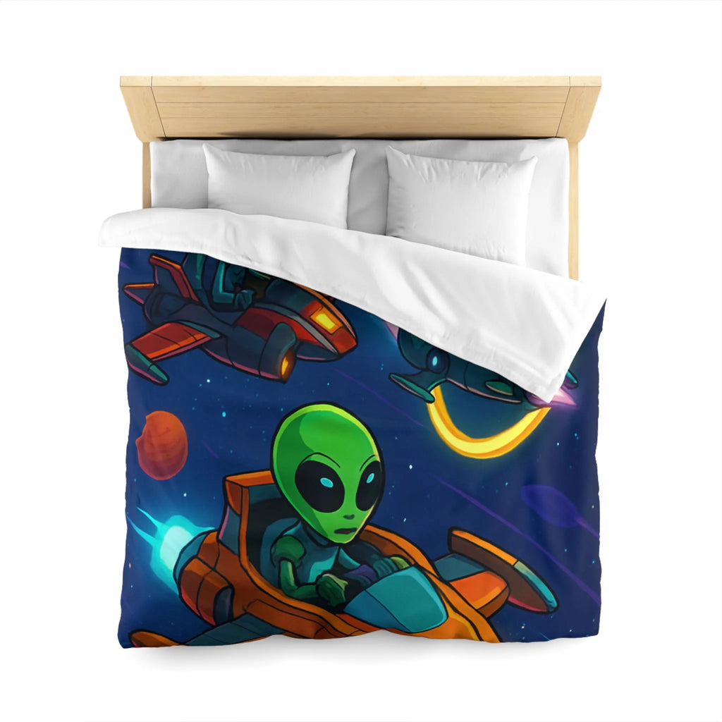 Housse de Couette avec Motifs d'Aliens en Course Spatiale et Anneaux Lumineux