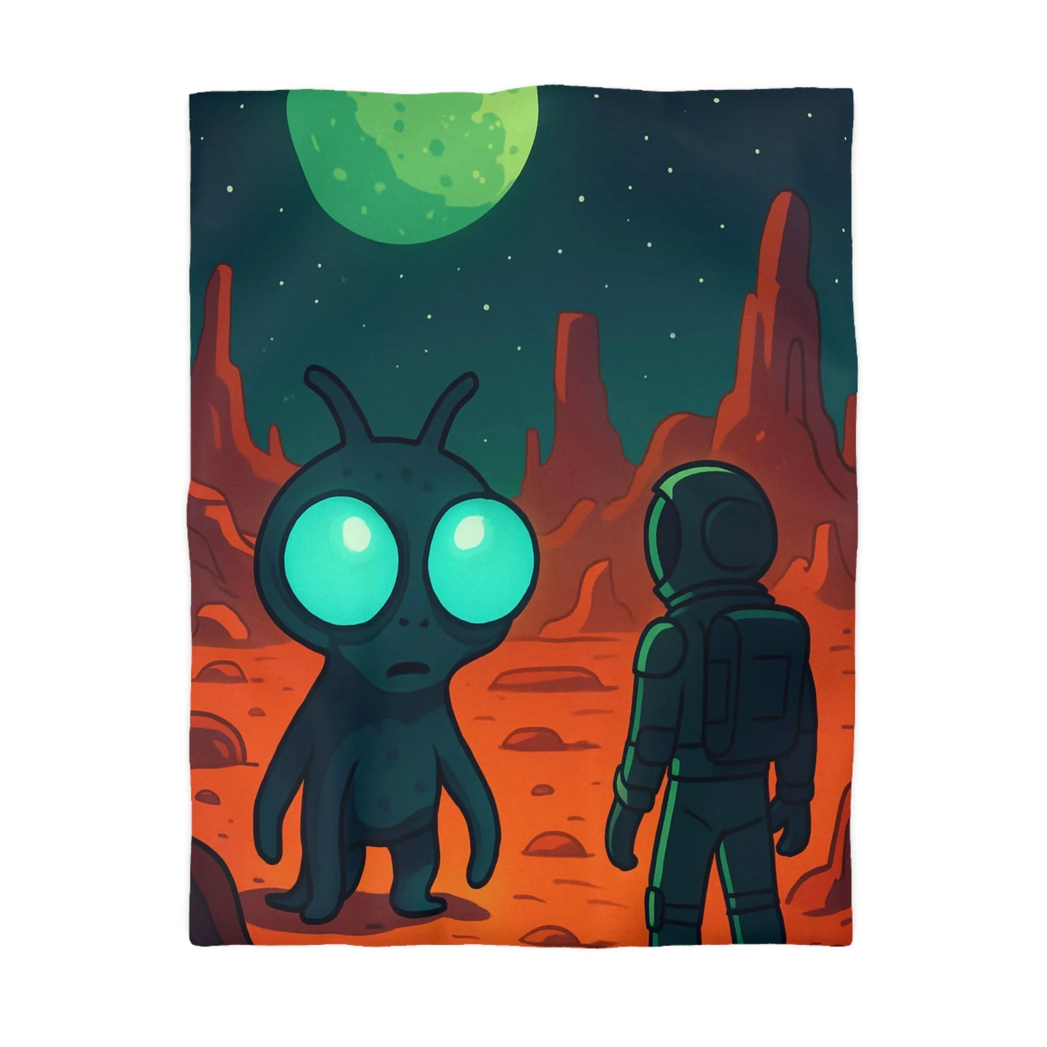 Housse de couette extraterrestre et astronaute sur fond de paysage lunaire mythique