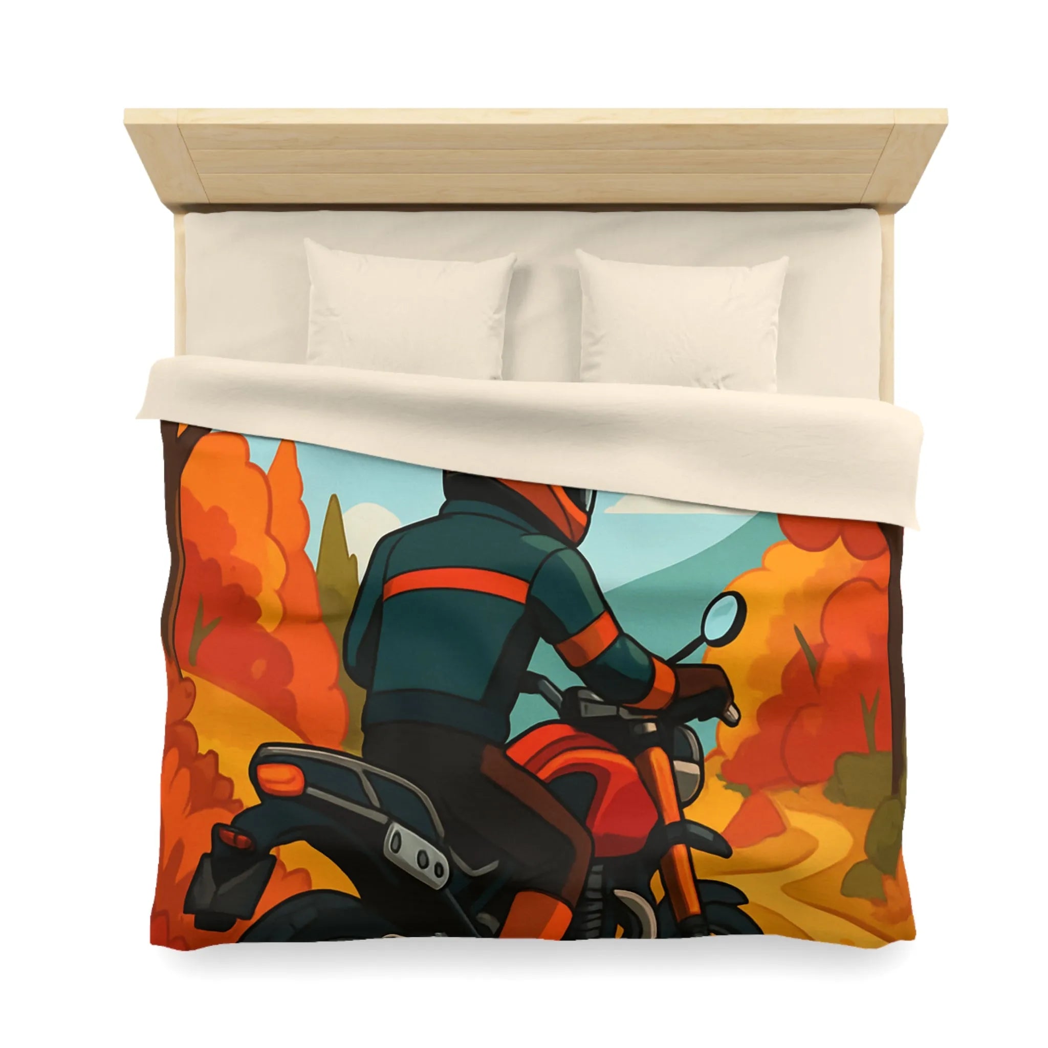 Housse de couette avec motif automnal de motard et nature aux couleurs vives