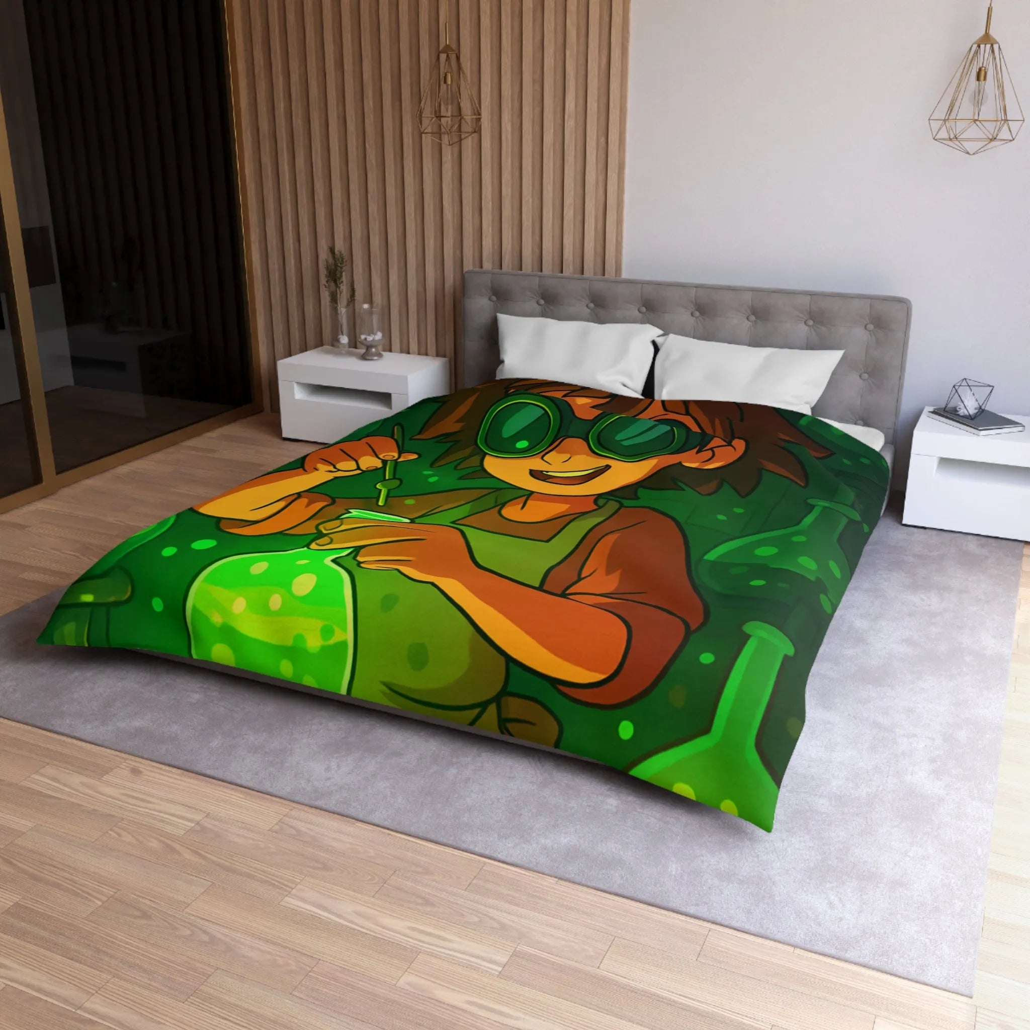 Housse de couette colorée avec un jeune chimiste dans un laboratoire mystérieux et magique