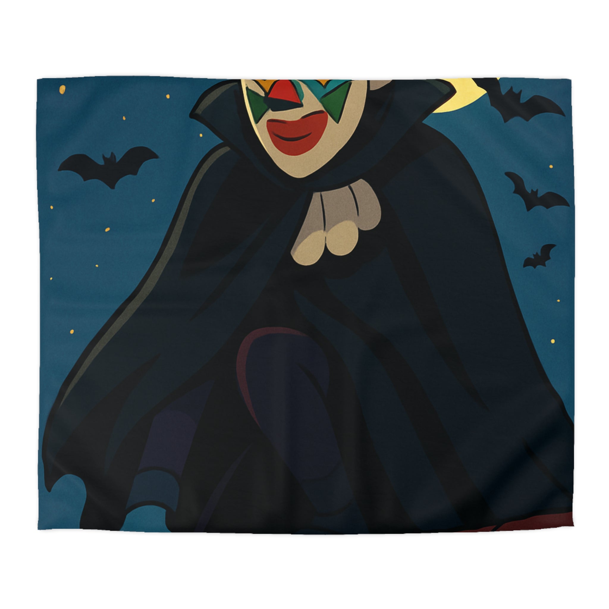Masque Joker Coloré Sous Pleine Lune avec Chauves-Souris sur une Toiture Effrayante