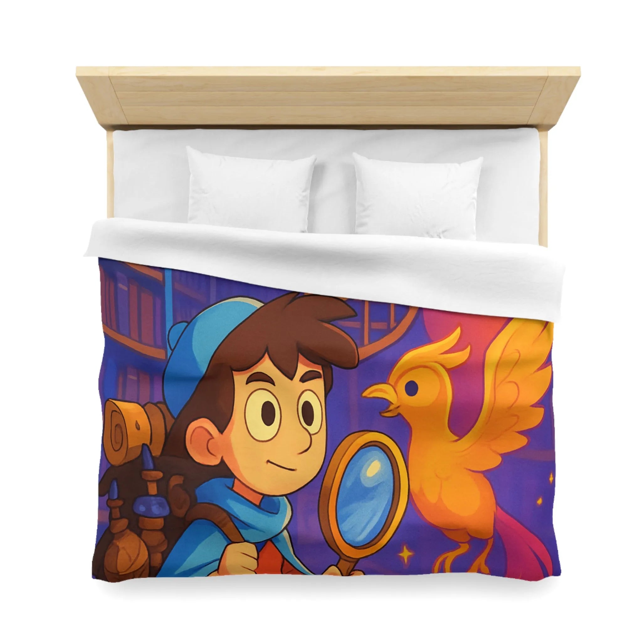 Housse de couette magique avec détective et phénix dans une bibliothèque enchanteresse