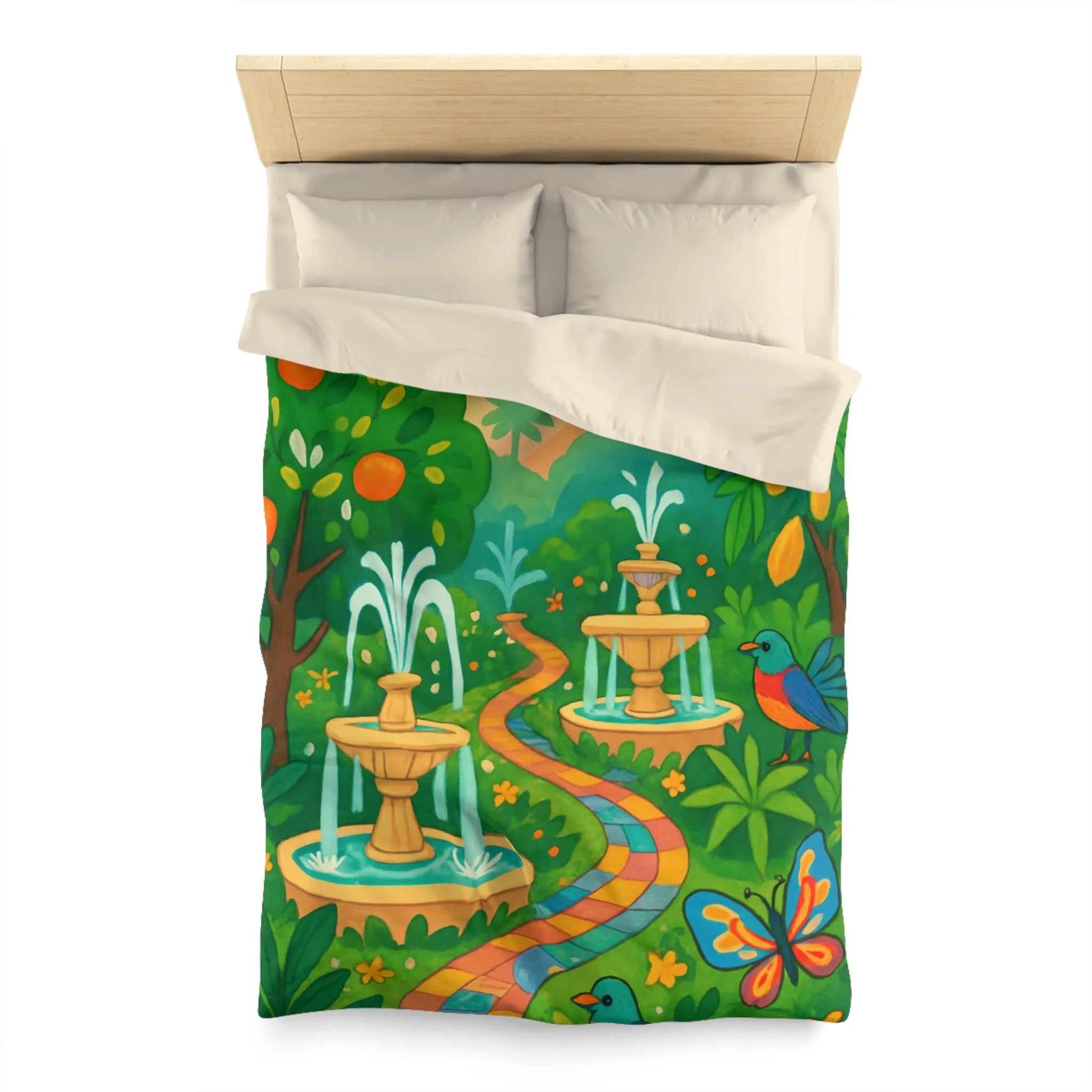 Housse de couette colorée avec oiseaux et fontaines dans jardin tropical vibrant