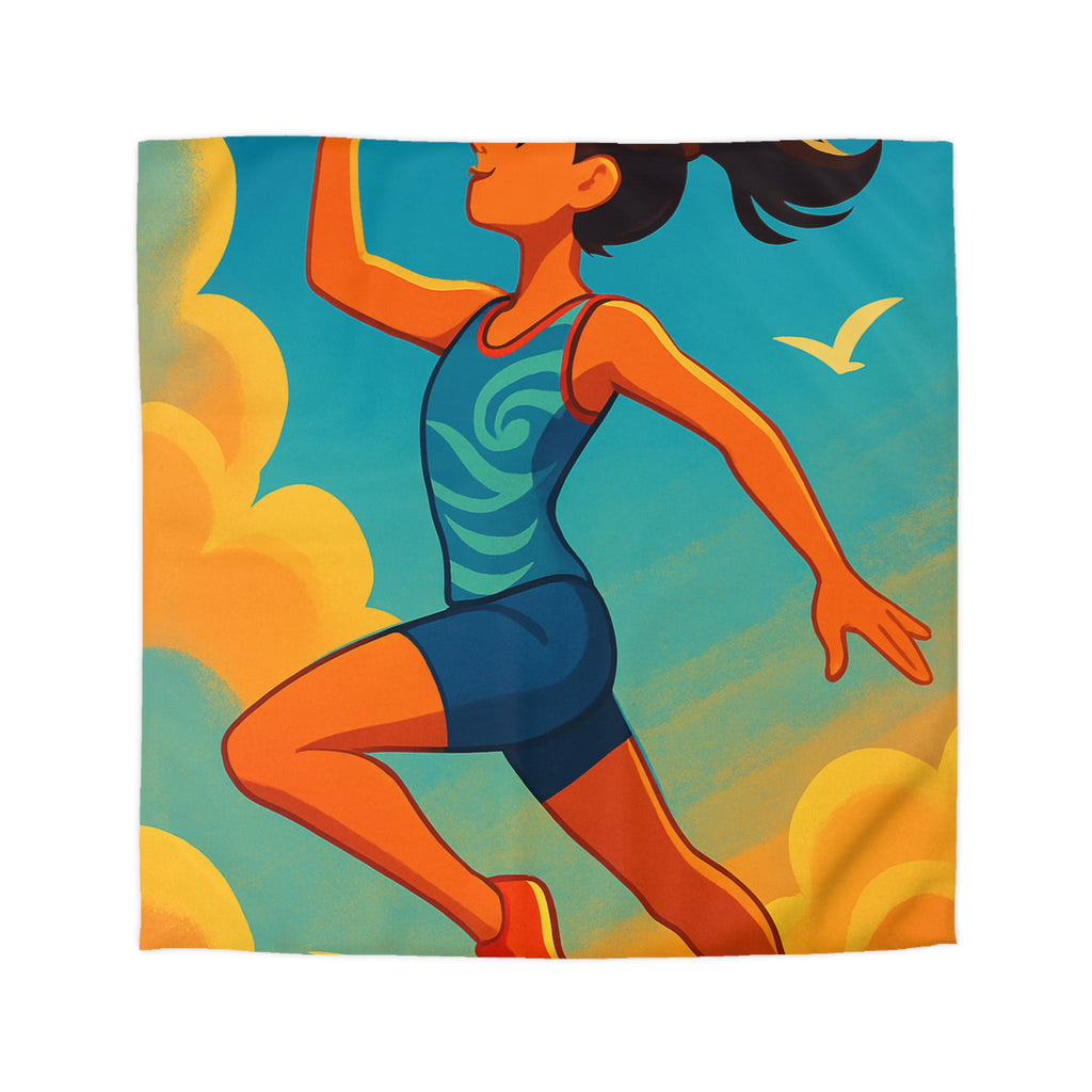 Housse de couette sportive colorée, femme jouant freesbee sous ciel bleu dynamique ultime