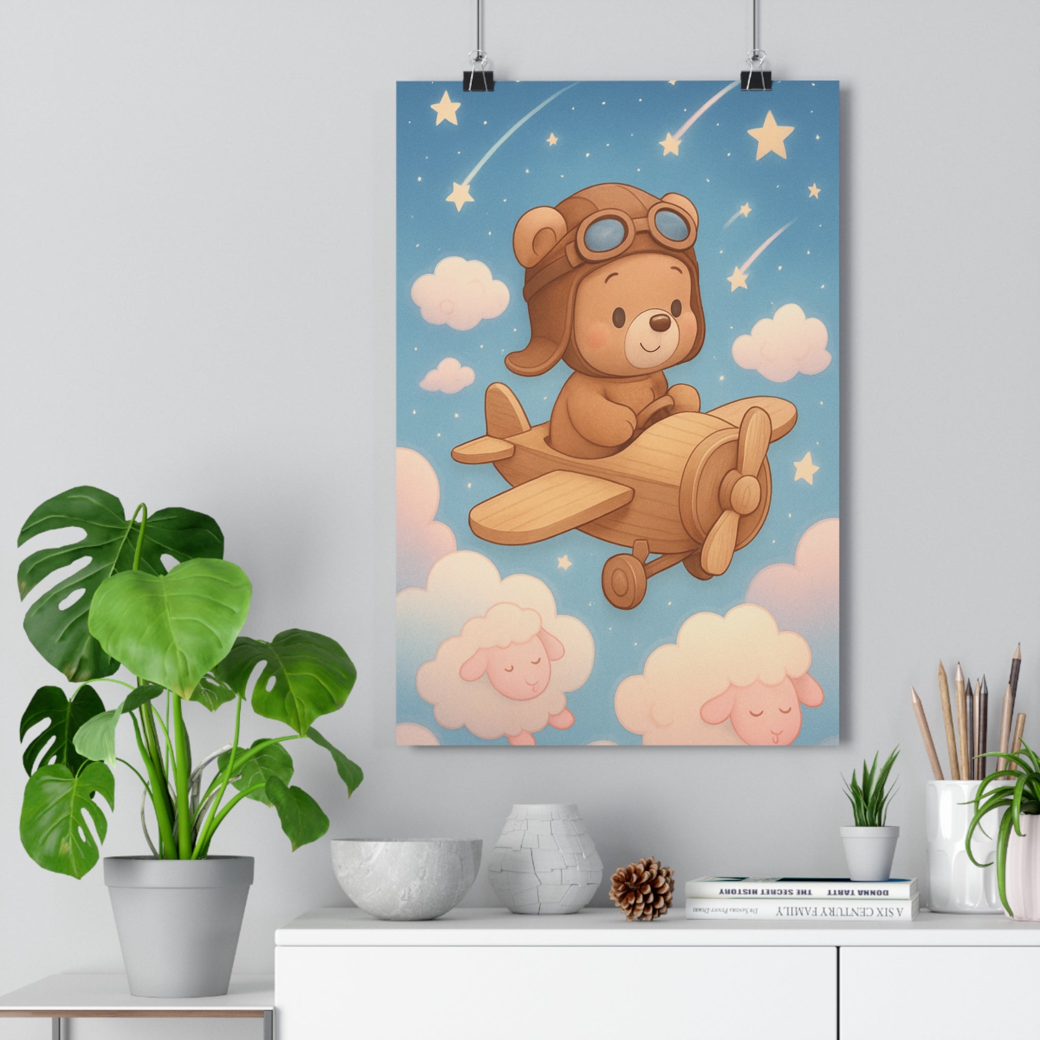 Poster décoratif pastel aventure cartoon ourson nuages étoiles chambre bébé format 30x46 apaisant qualité