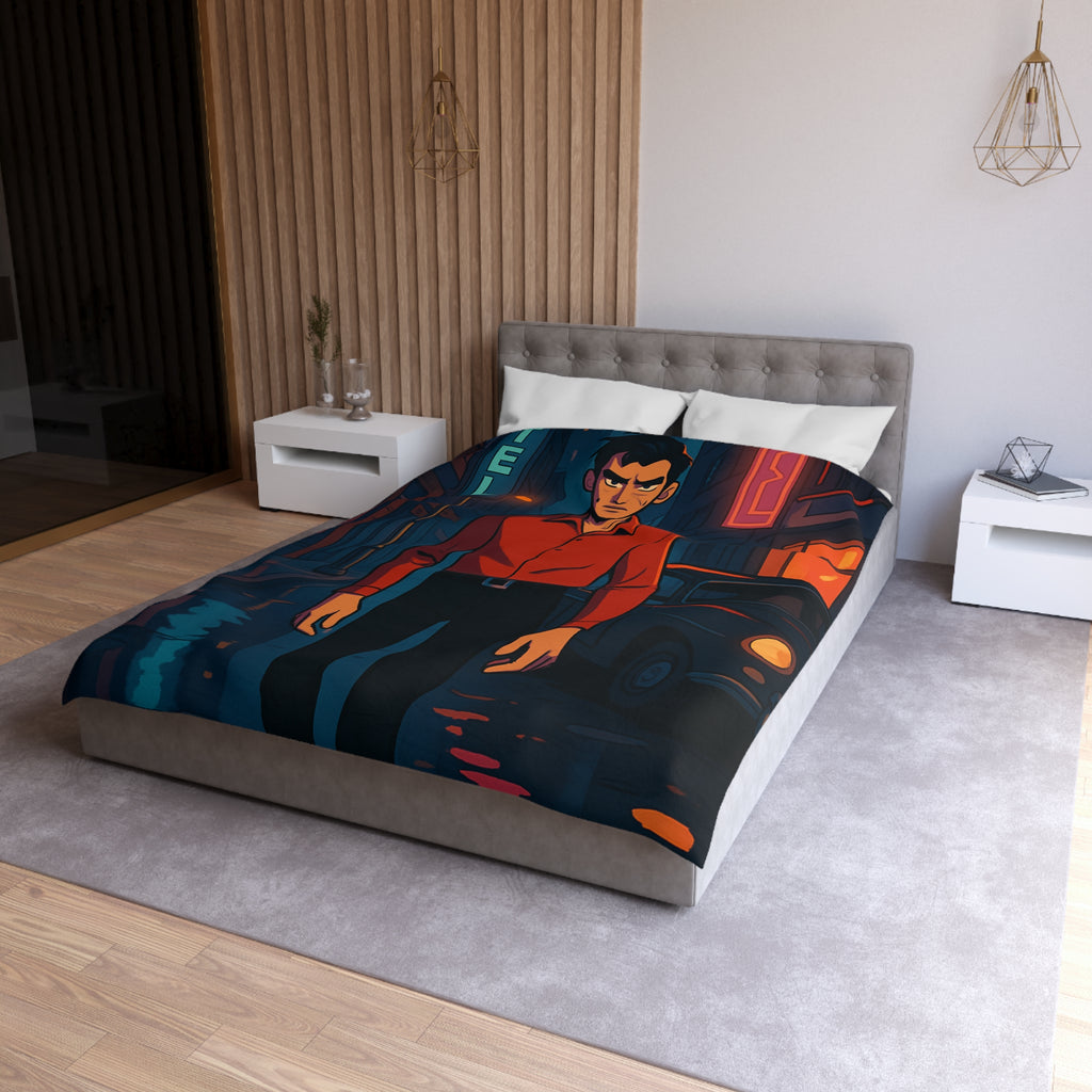 Housse de couette urbaine nocturne avec homme mystérieux et néons colorés