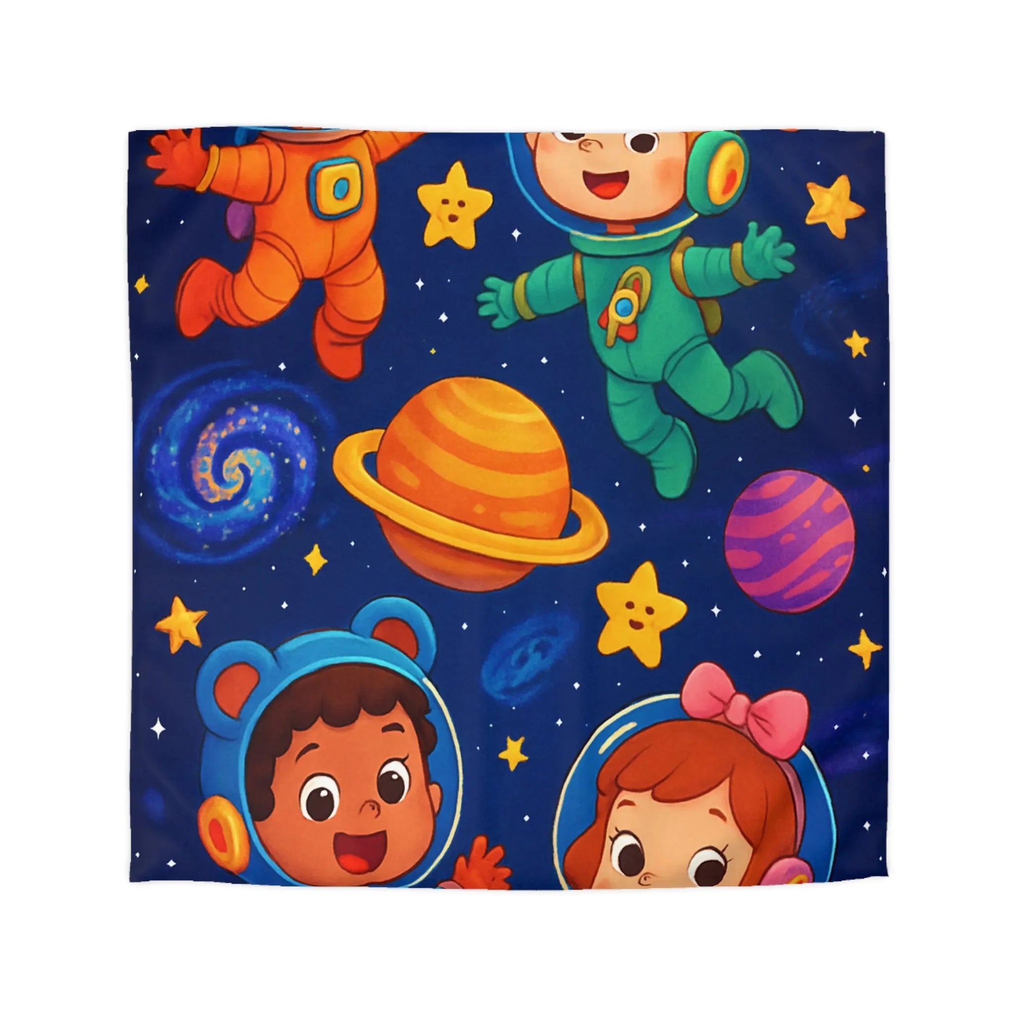 Housse de Couette Enfant : Aventure Cosmique avec Astronautes et Étoiles Colorées Stylisées