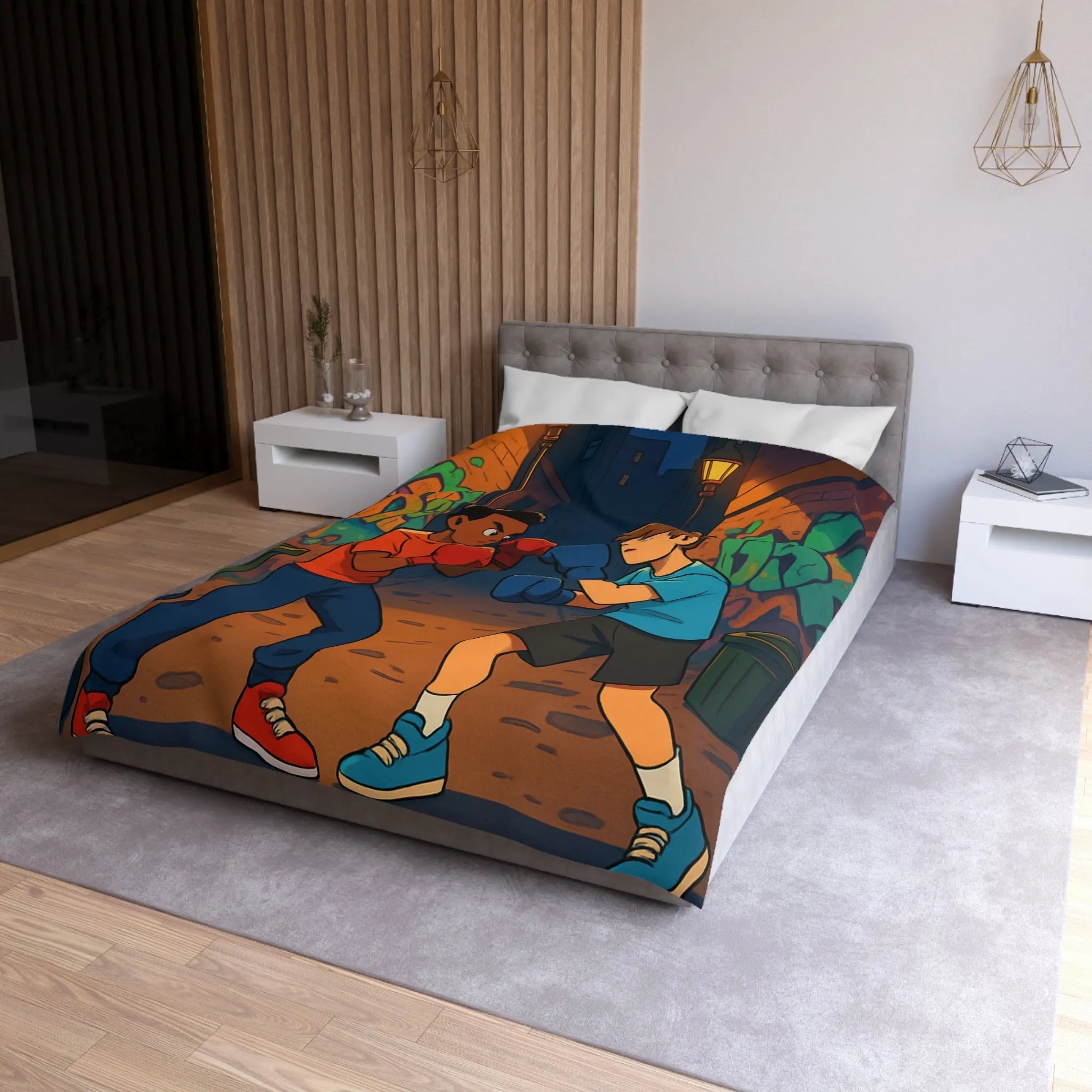 Housse De Couette Boxe Enfantine Nuit Sur Rue Graffitée Avec Lampadaires Illuminés