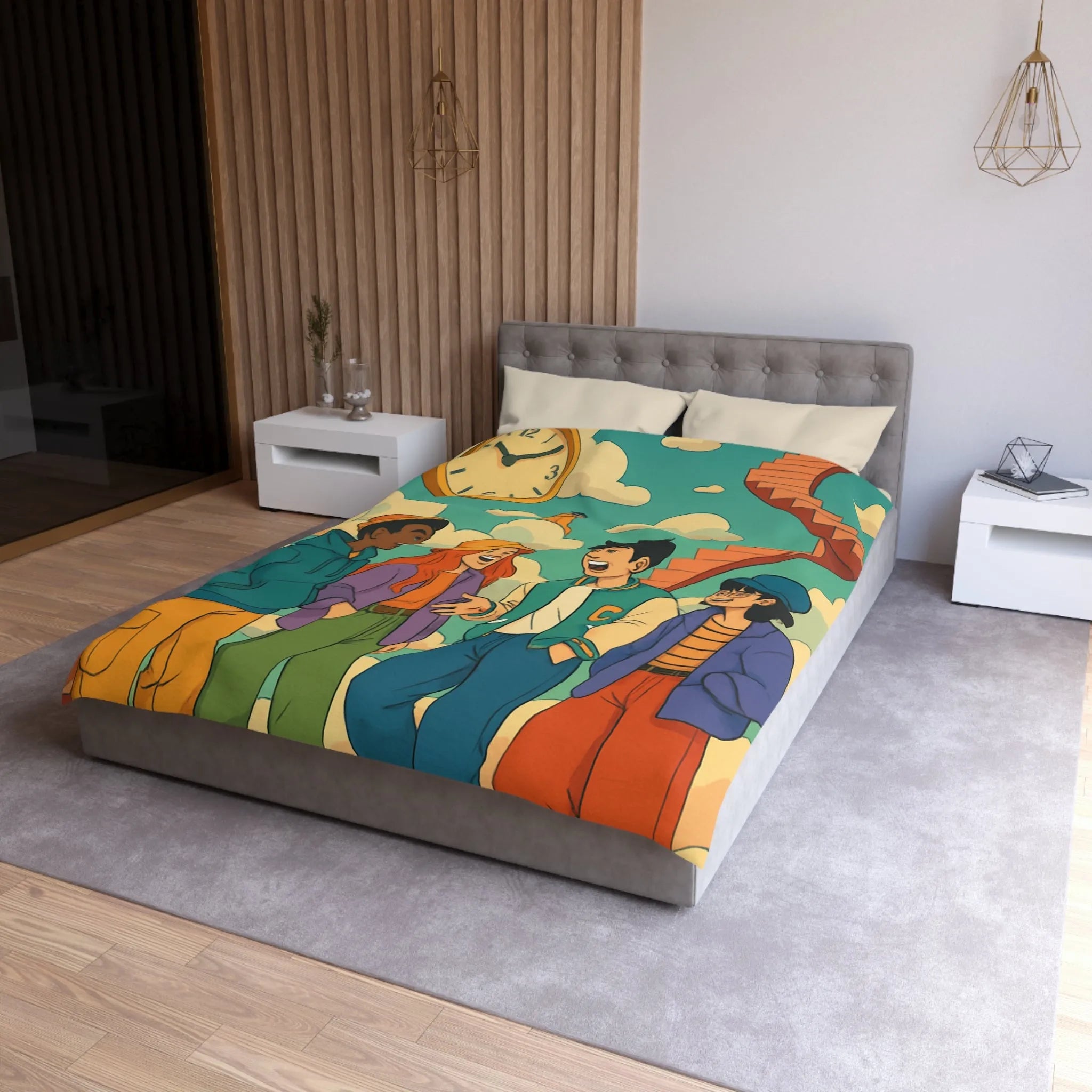 Housse de couette jeune amis rient sous escalier nuages horloge ciel bleu