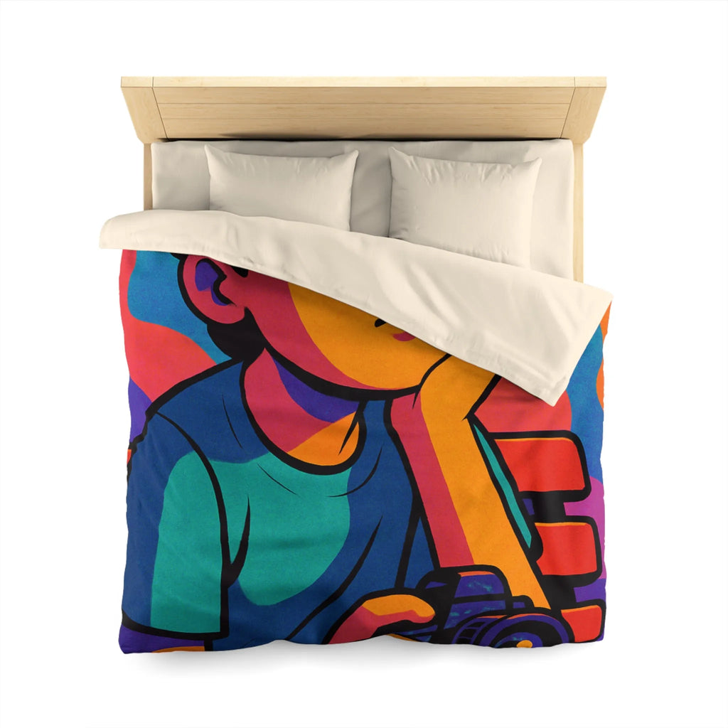 Housse de couette animée jeune rêveur lunettes de soleil et appareil photo colorés