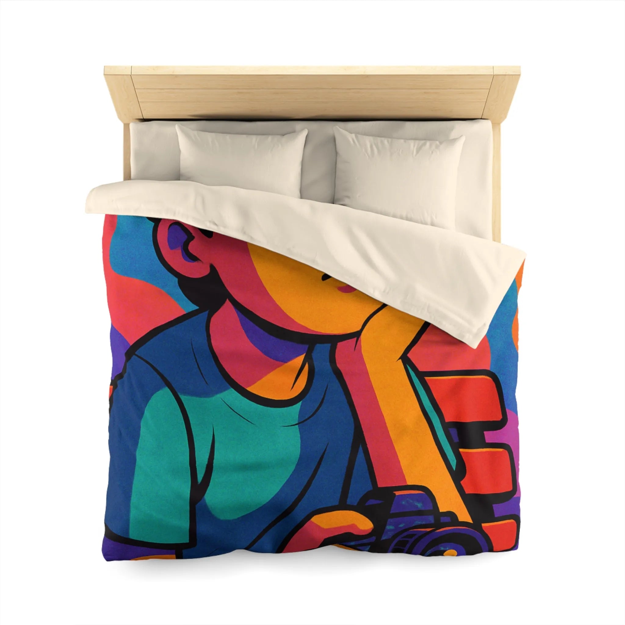 Housse de couette animée jeune rêveur lunettes de soleil et appareil photo colorés