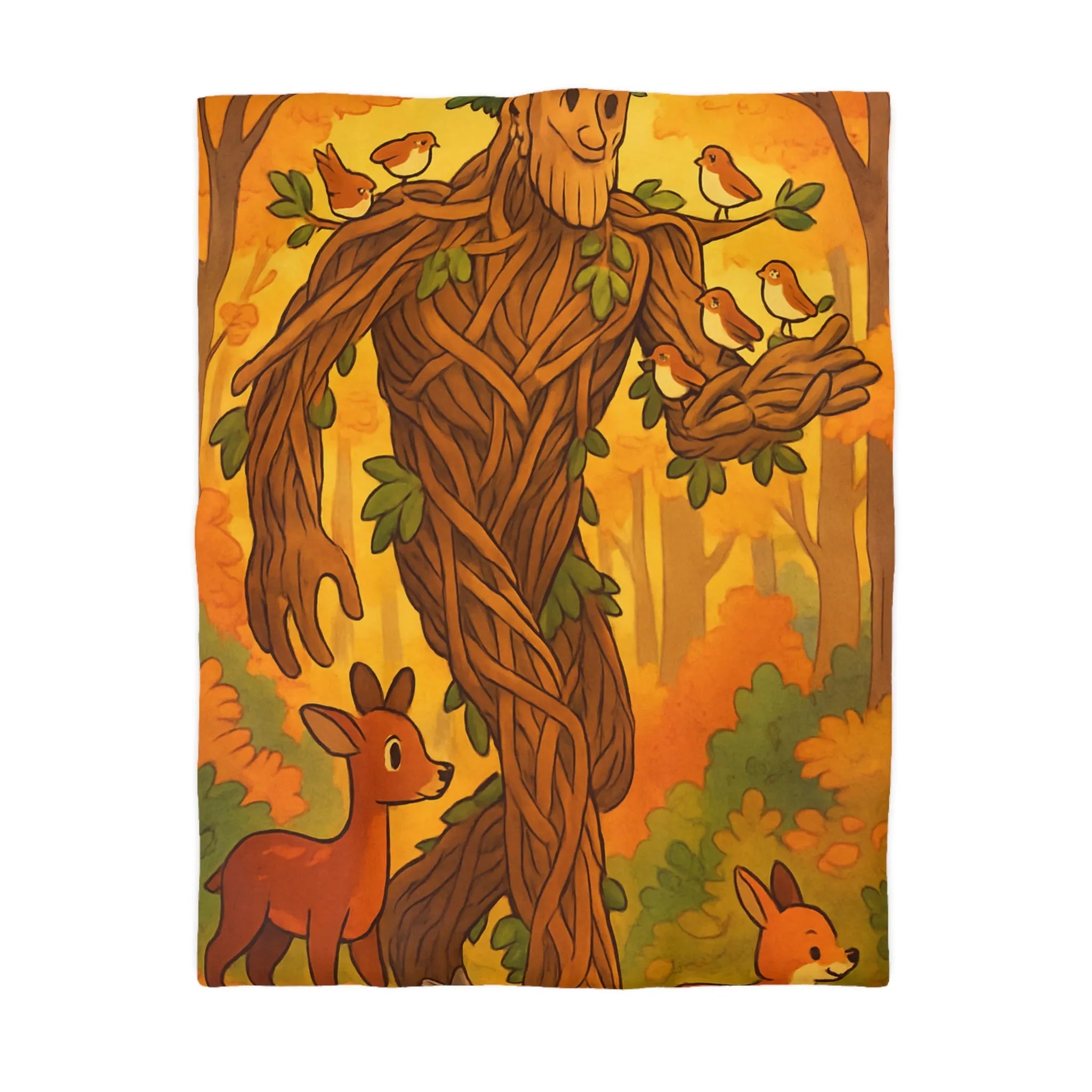 Housse de couette enchantée avec arbre humanoïde et animaux de la forêt colorés