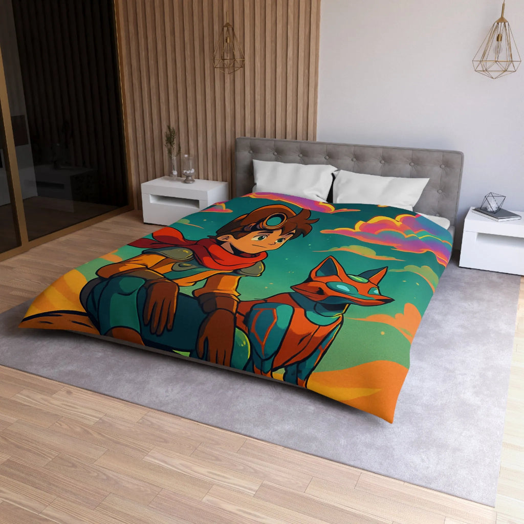 Housse de couette avec illustration colorée de personnage animé et chien robot sous ciel étoilé