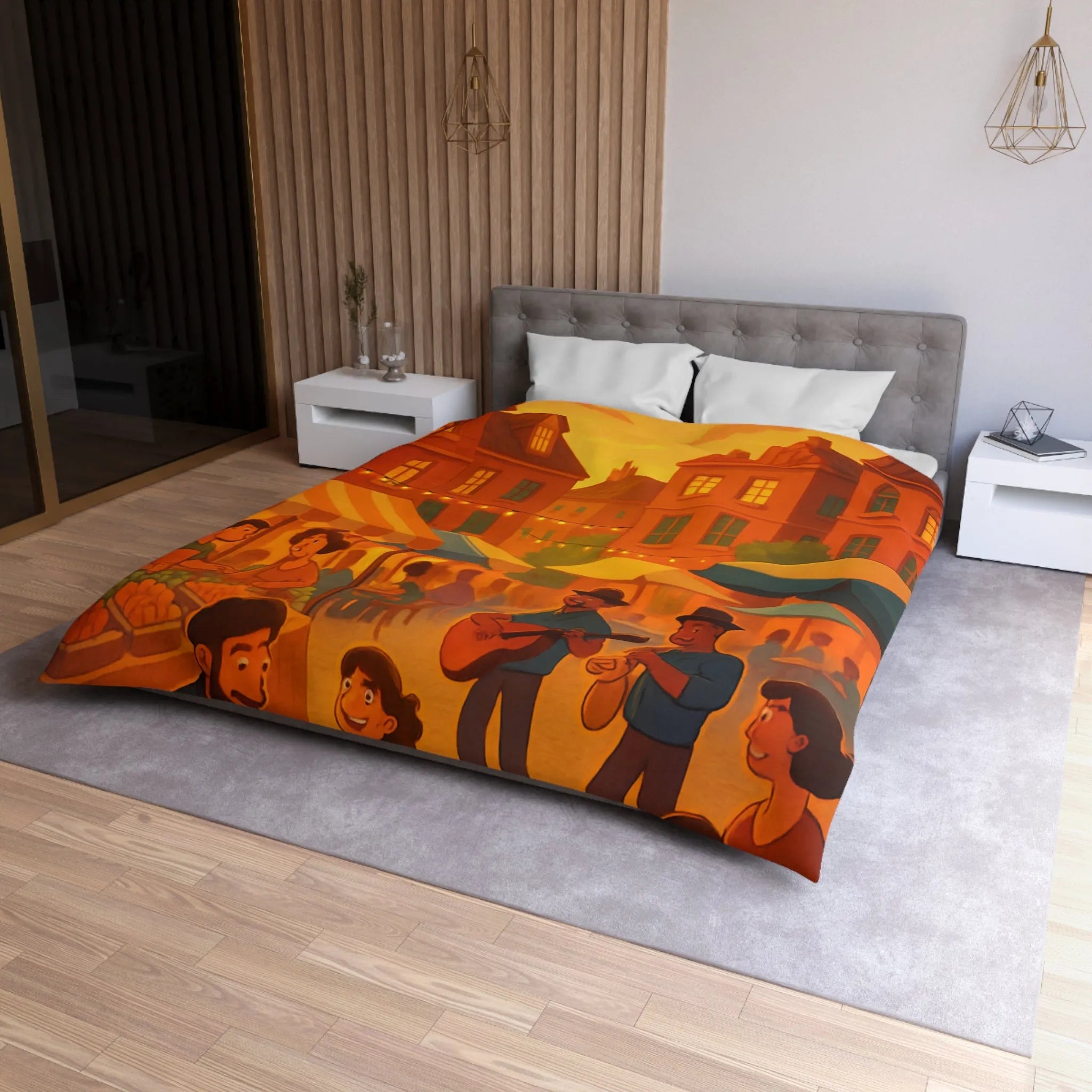 Housse de couette avec illustration de marché animé au coucher de soleil vibrant