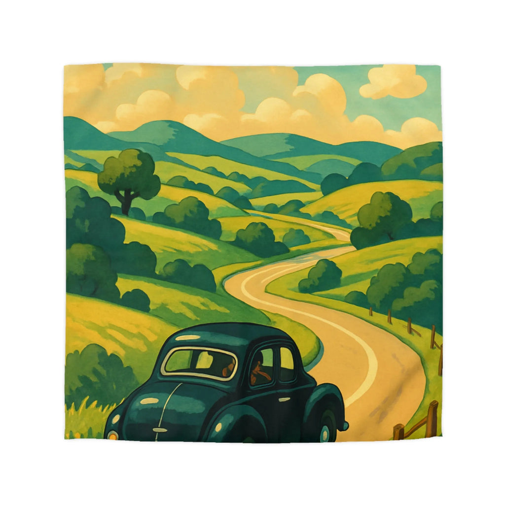 Charmante voiture rétro sur route sinueuse à travers collines verdoyantes et ciel ensoleillé