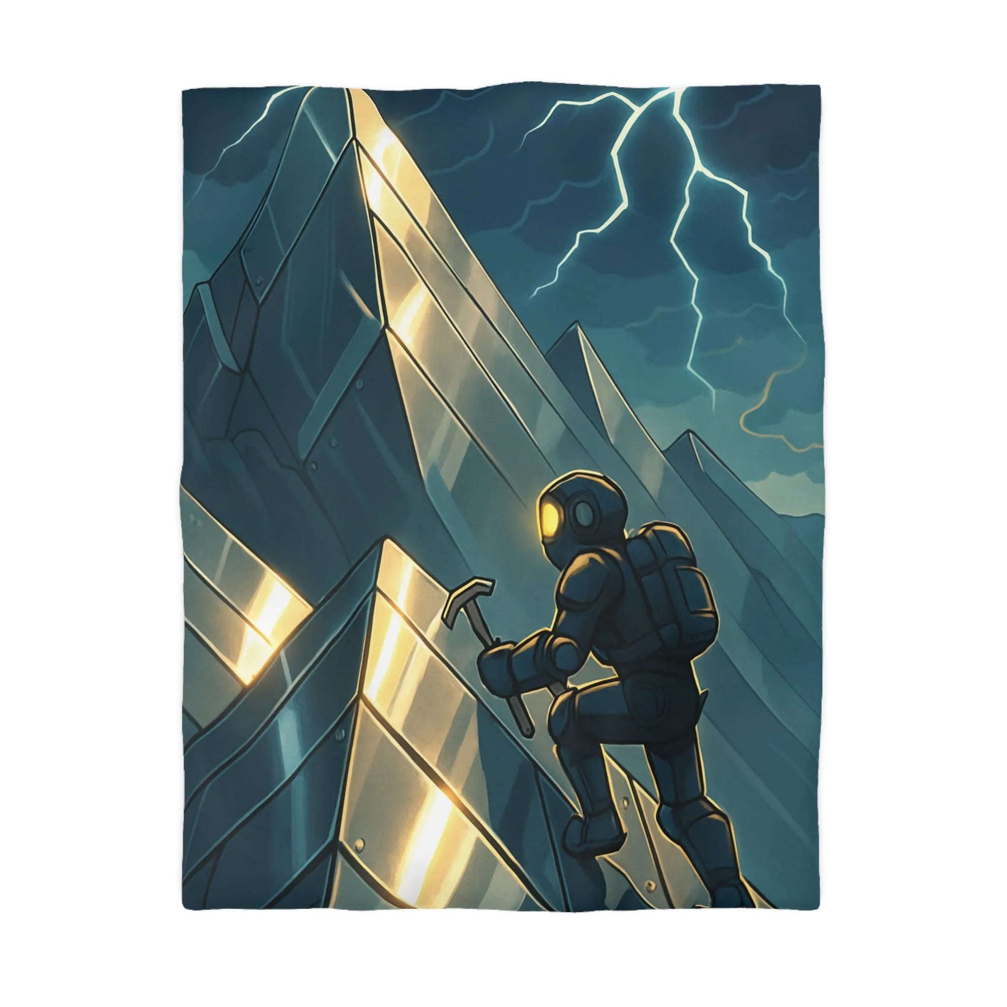 Housse de couette futuriste avec alpiniste et montagnes sous orage électrique