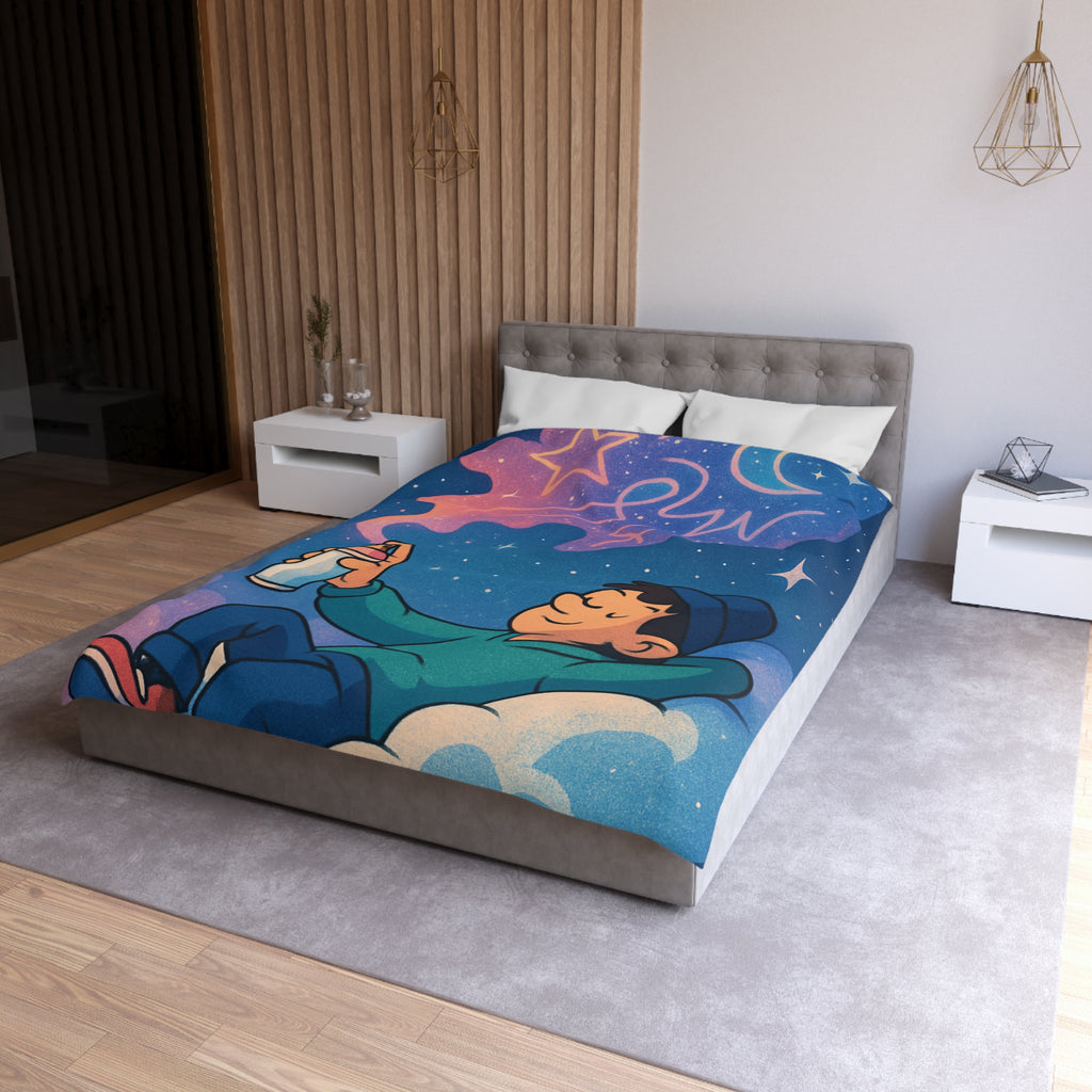 Housse de couette rêve étoilé avec jeune garçon et spray cosmique coloré