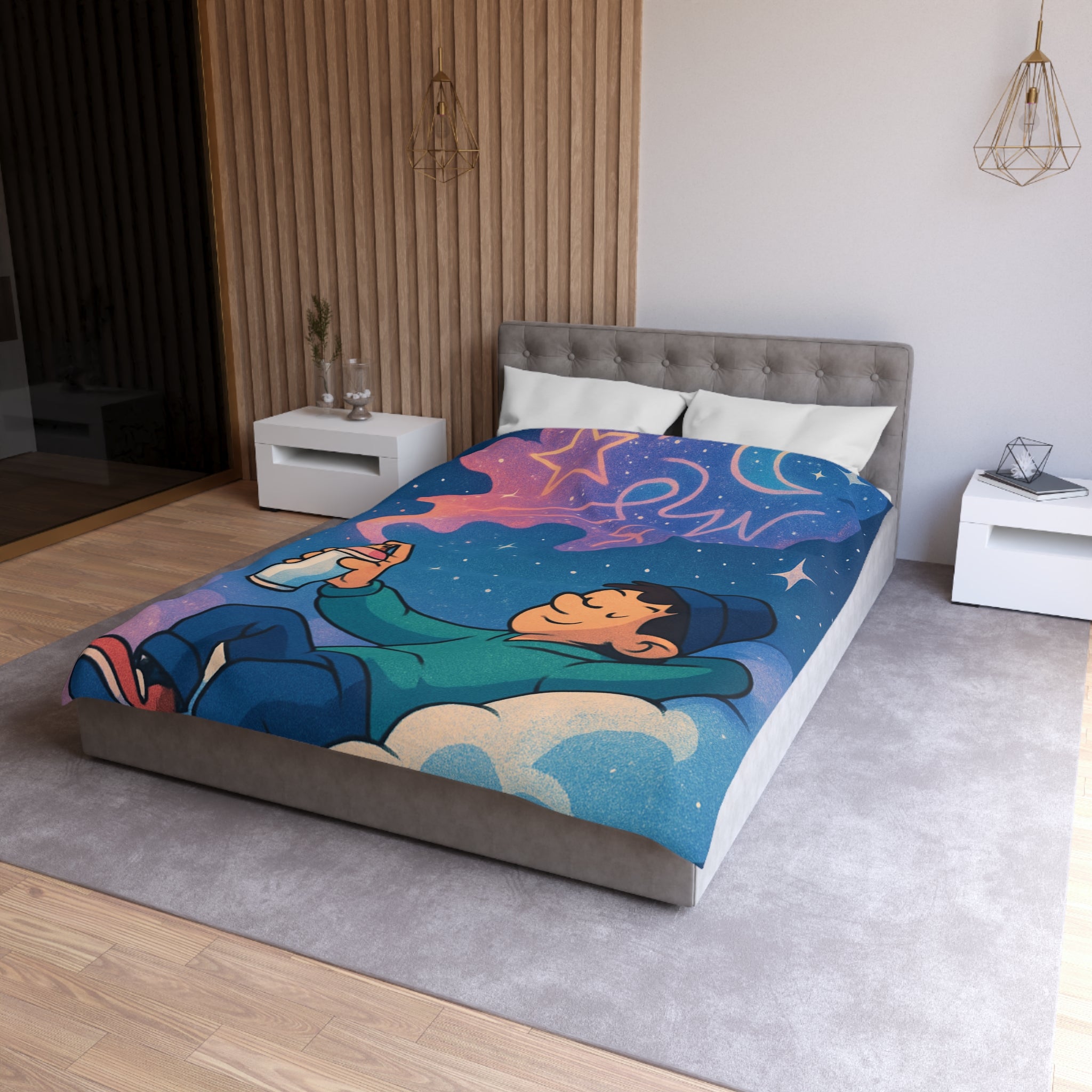 Housse de couette rêve étoilé avec jeune garçon et spray cosmique coloré