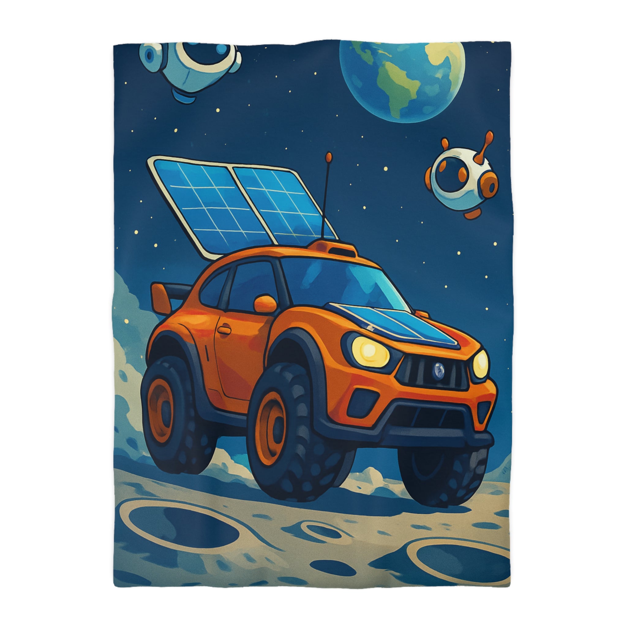 Housse de couette spatiale avec voiture orange et robots sur fond lunaire captivant