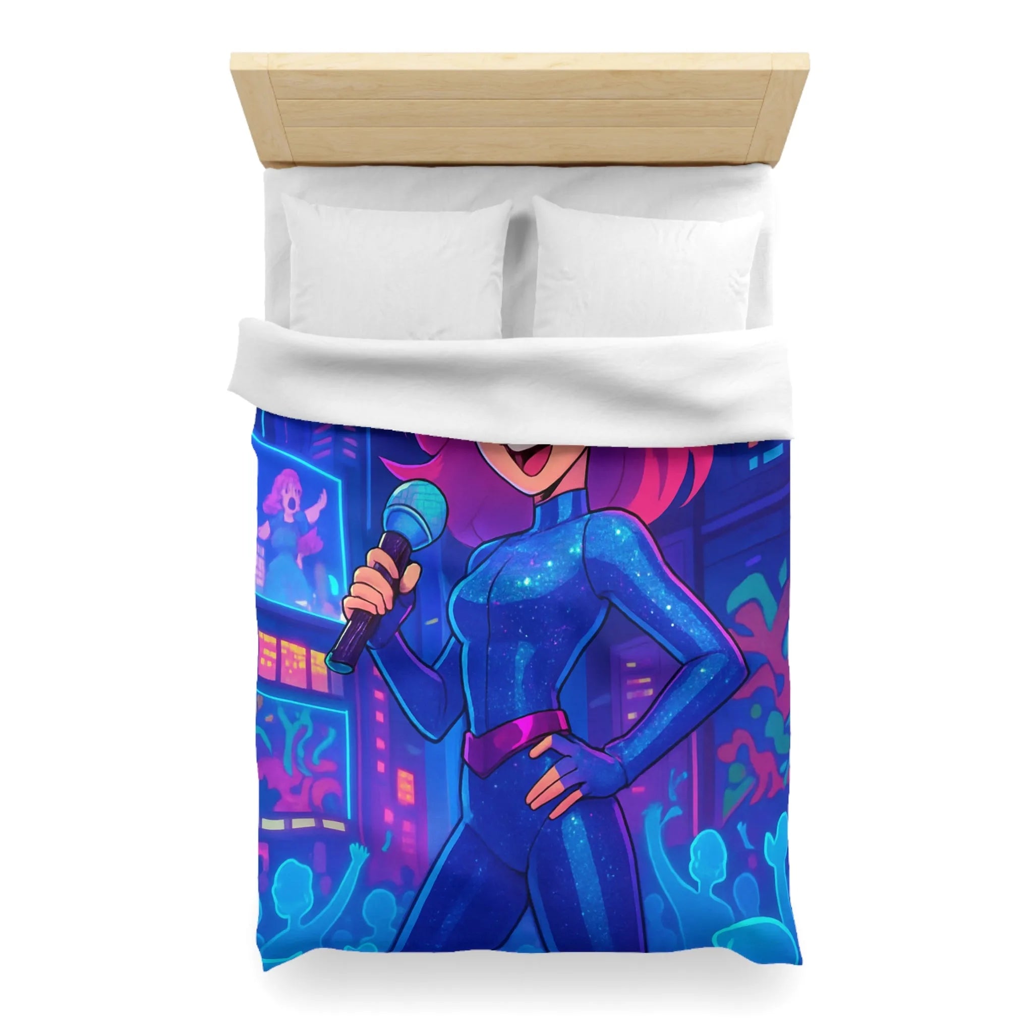 Housse de couette avec chanteuse animée en concert sur fond de ville illuminée