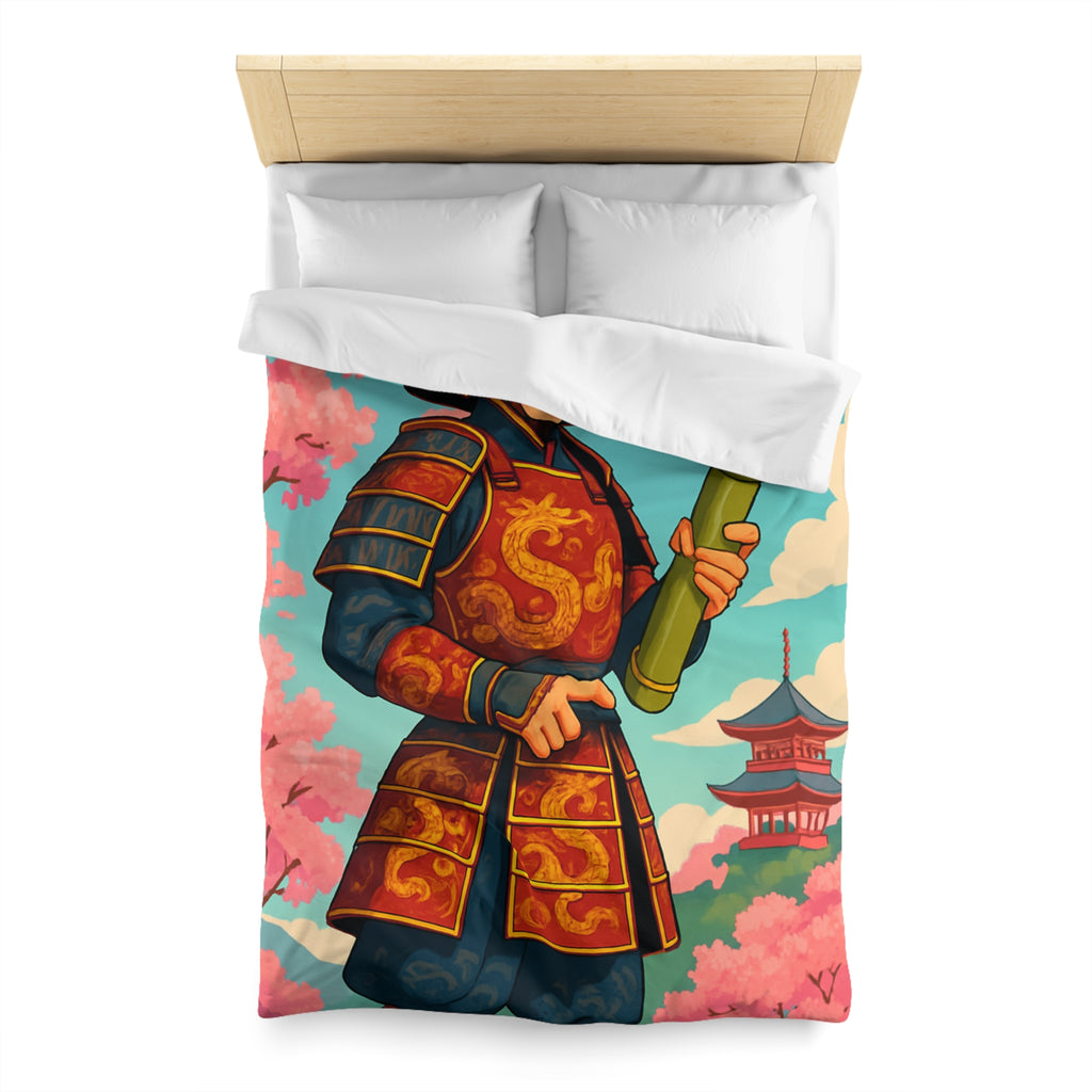 Housse de Couette Samouraï Japonais avec Armure Traditionnelle et Cerisiers en Fleurs
