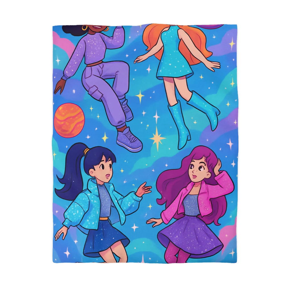 Housse de couette colorée avec filles dans l'espace et étoiles scintillantes joyeuses