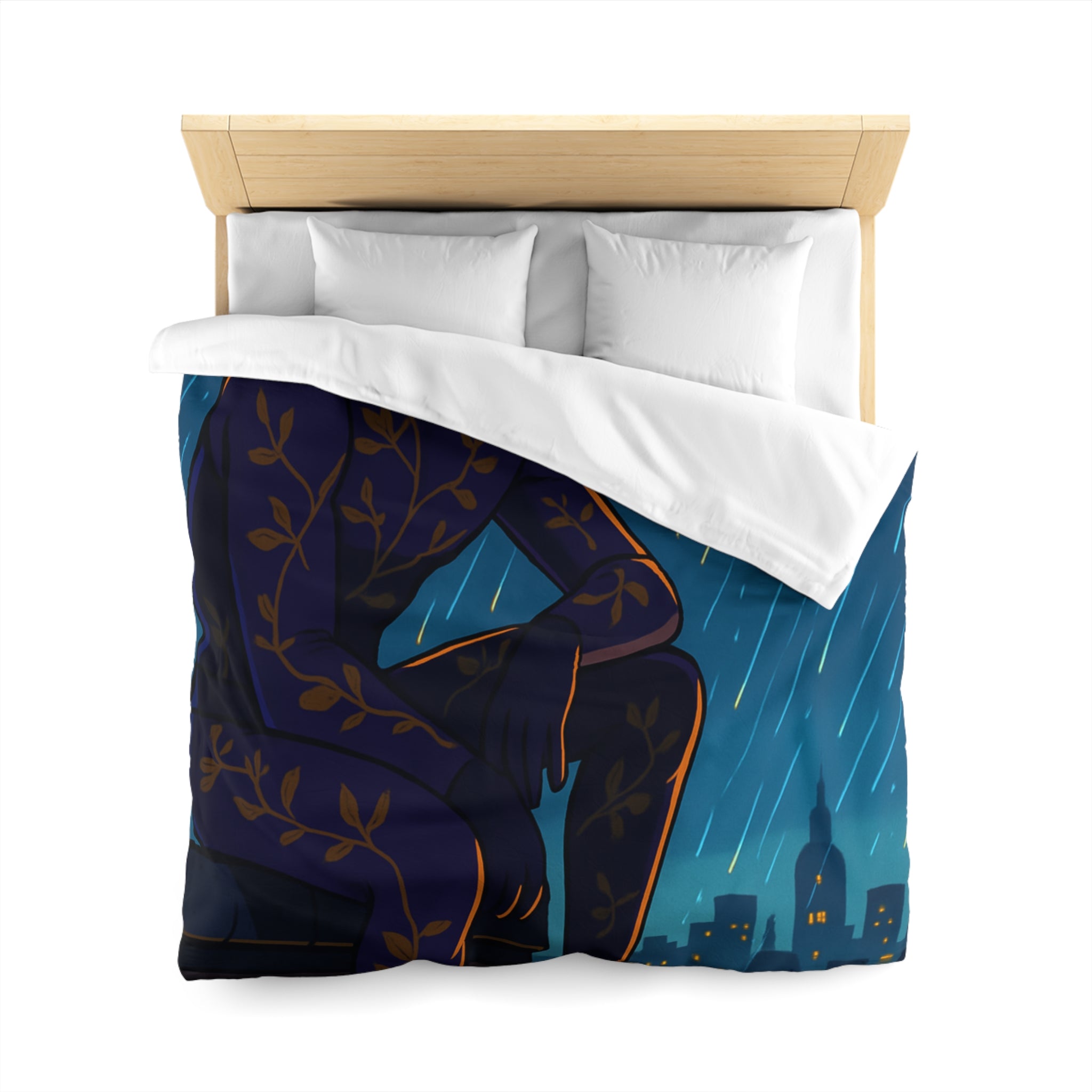 Housse de couette violette avec super-héros mystérieux sous la pluie nocturne colorée