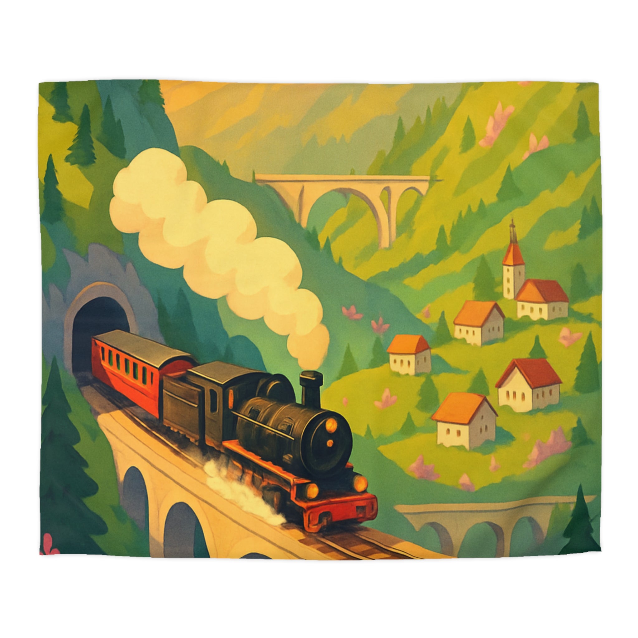 Housse de Couette Vintage Montagne Train Pont Naturelle Ambiance Enchantée Peinture Colorée