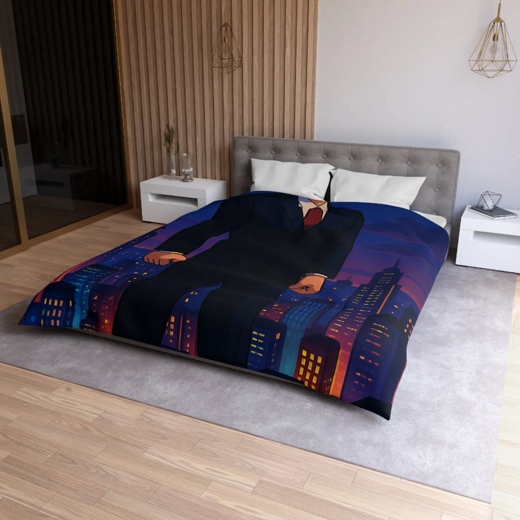 Héros musclé en costume noir observant la ville illuminée au crépuscule animé