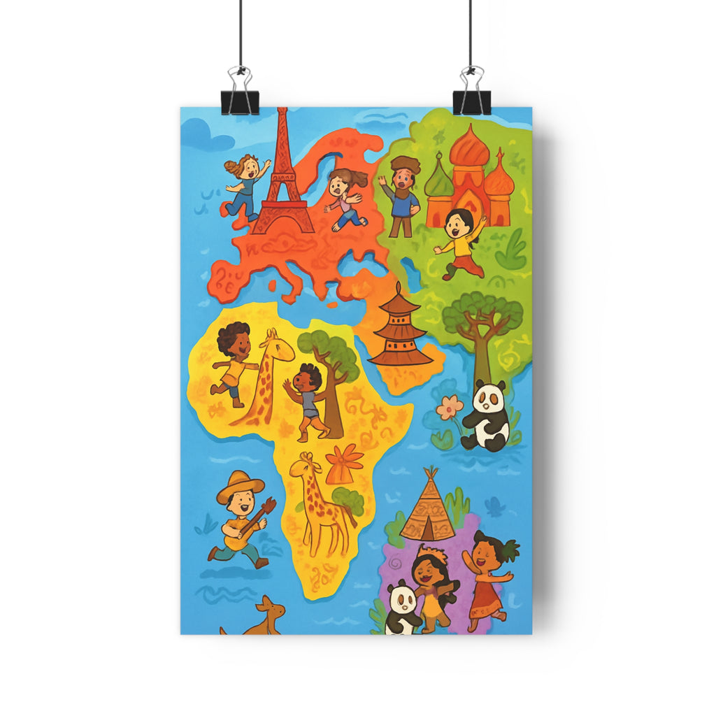 Poster décoratif carte dessin animé bleu rouge jaune vert chambre enfant joyeux 30x46 animaux