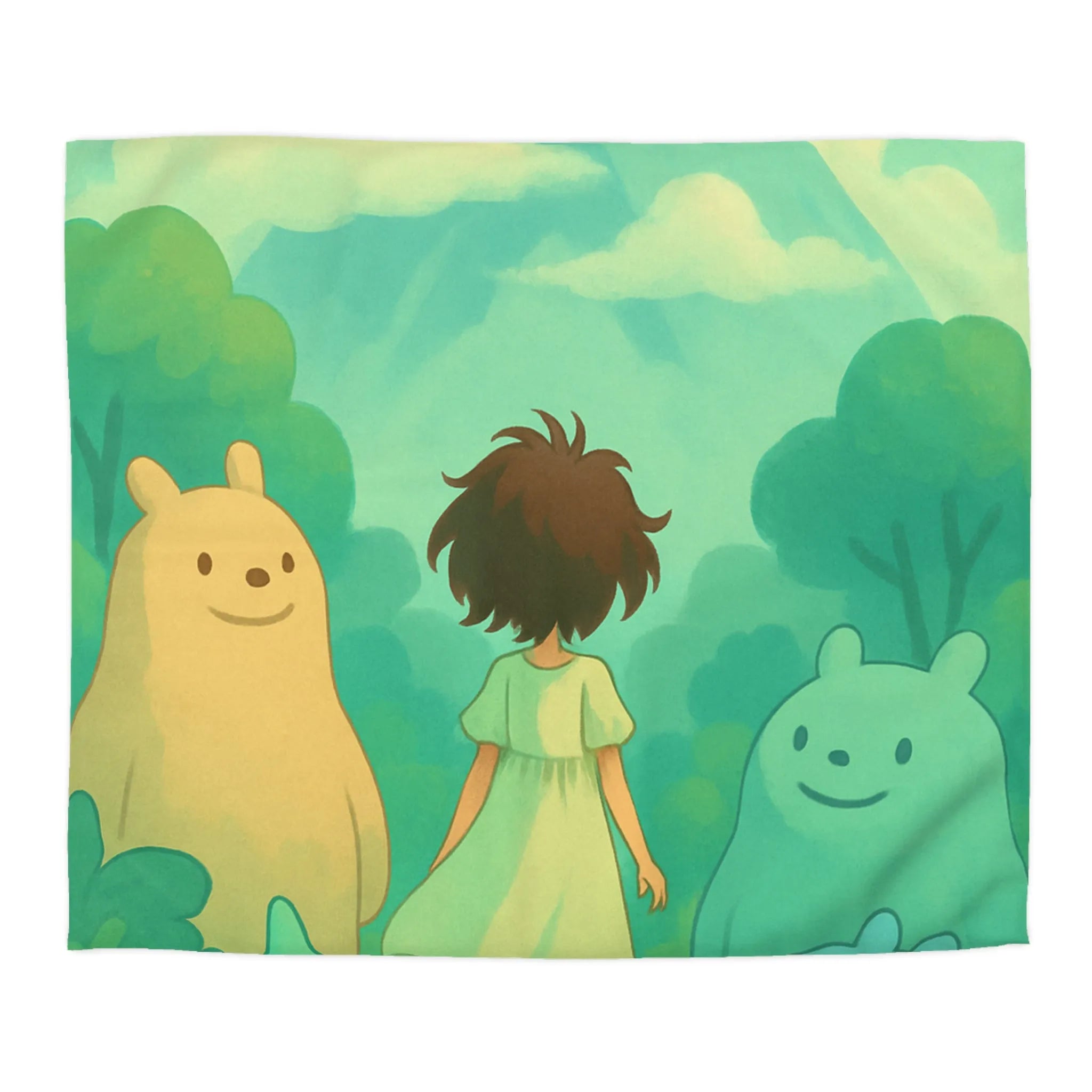 Housse de couette avec paysage montagneux enchanté et créatures amicales colorées pour chambre