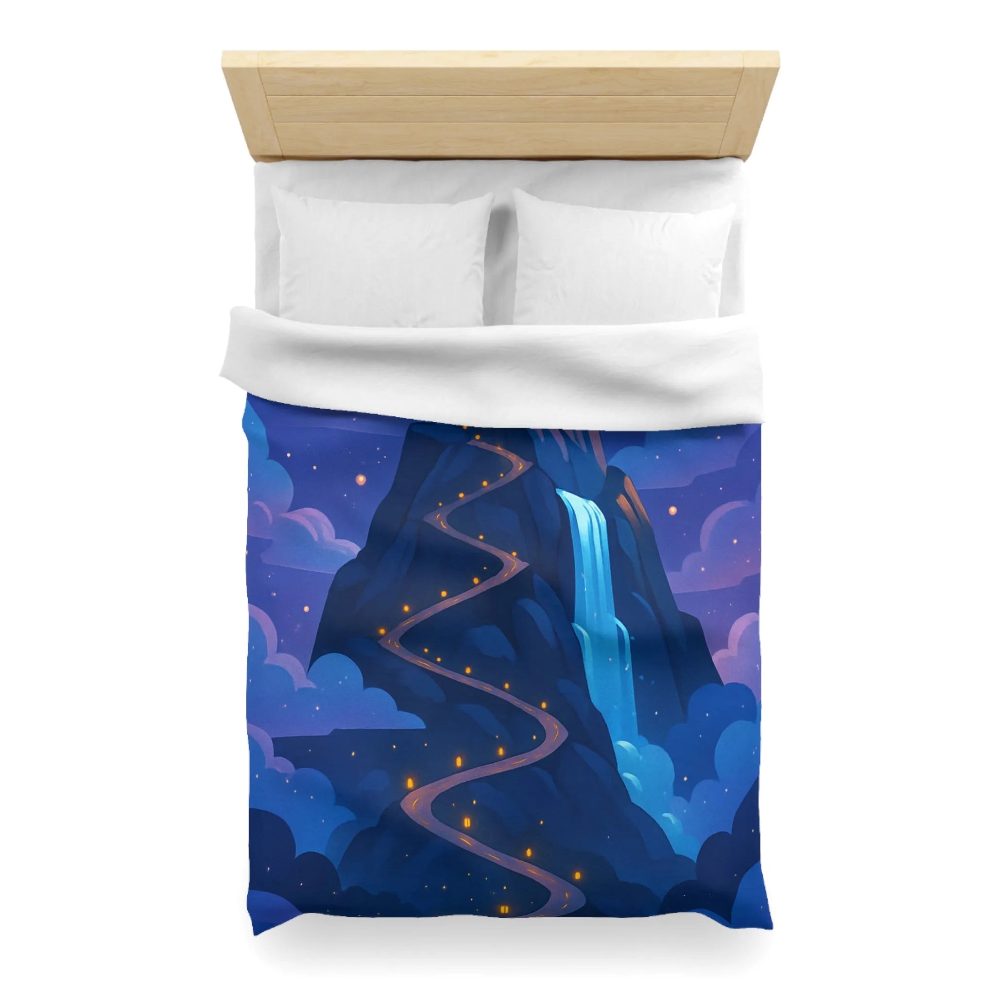 Housse de couette avec château glacé sur montagne illuminée sous ciel étoilé féerique