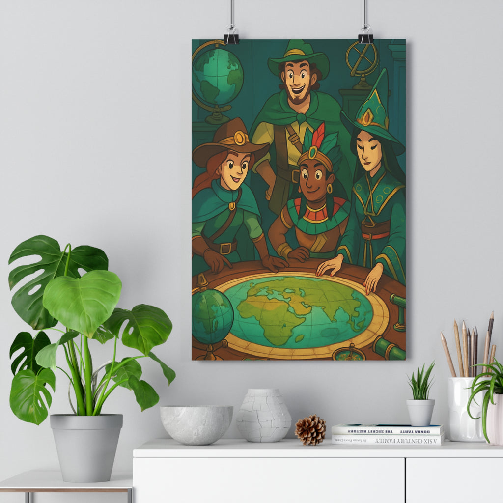 Poster décoratif aventure bleu vert cartoon explorateurs chambre enfant bureau découverte mystique 30x46 cm