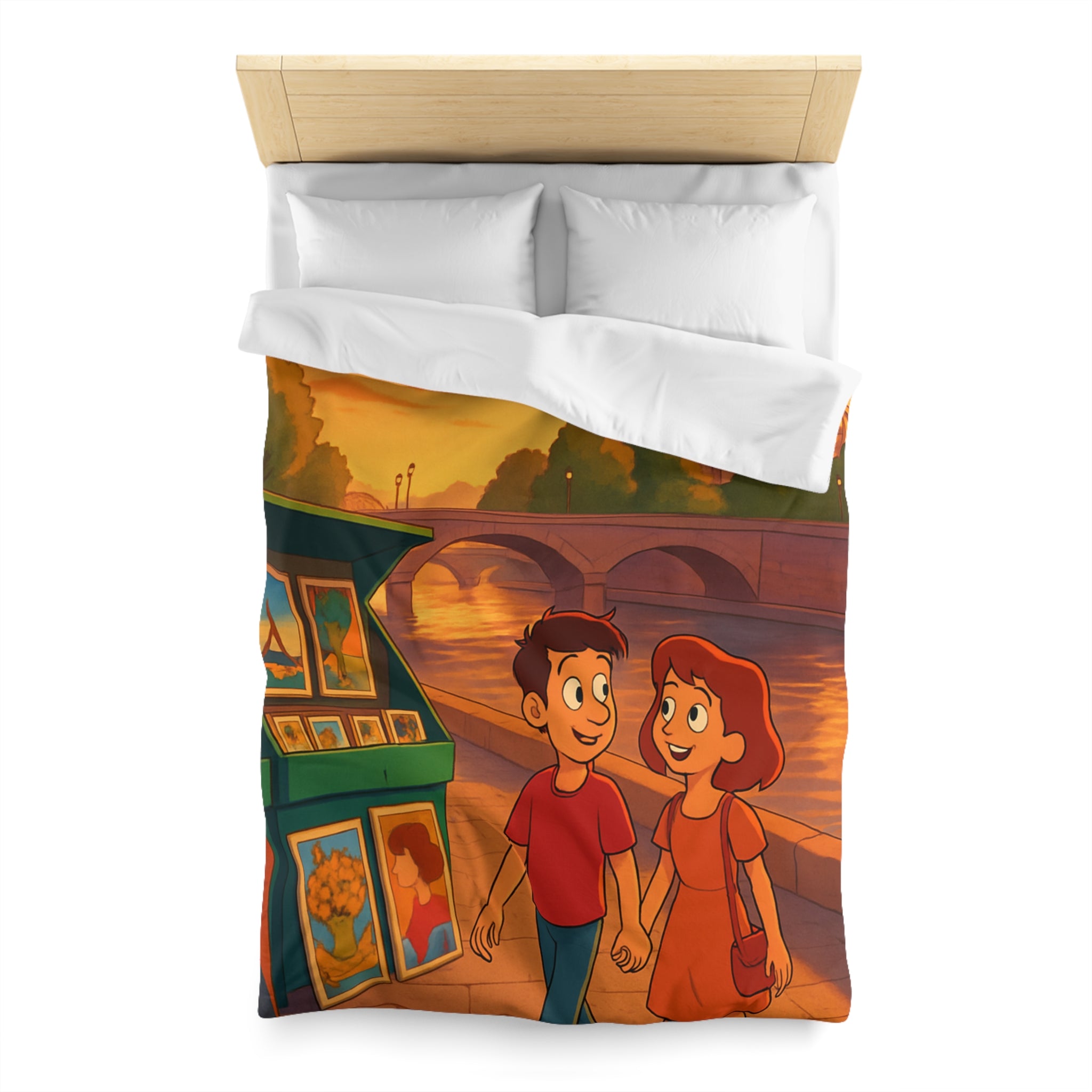 Housse de Couette Romance Parisienne Au Coucher Du Soleil Avec Vue Cathédrale