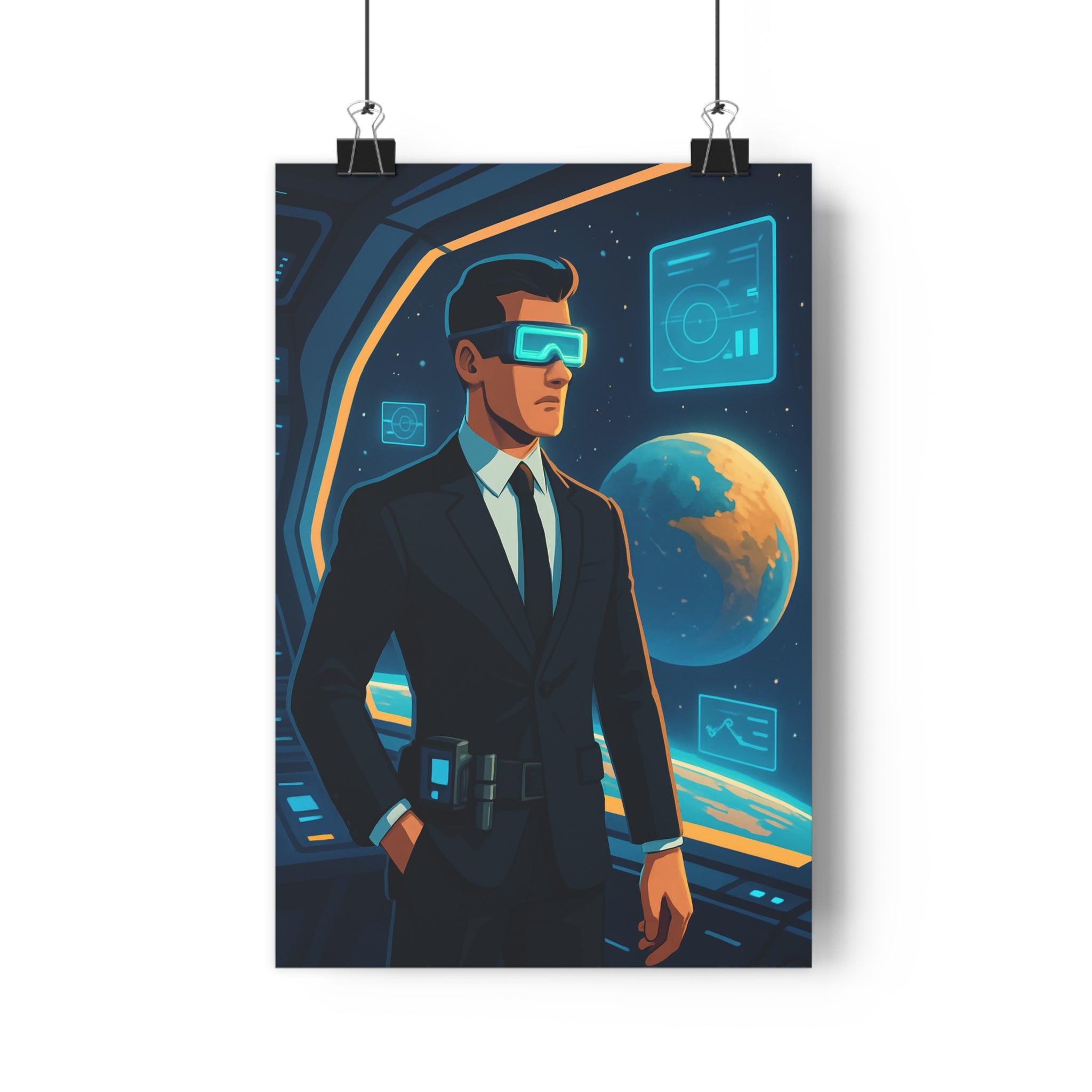 Poster décoratif cartoon bleu orange sciencefiction bureau chambre espace espion intergalactique élégant futuriste sophistiqué