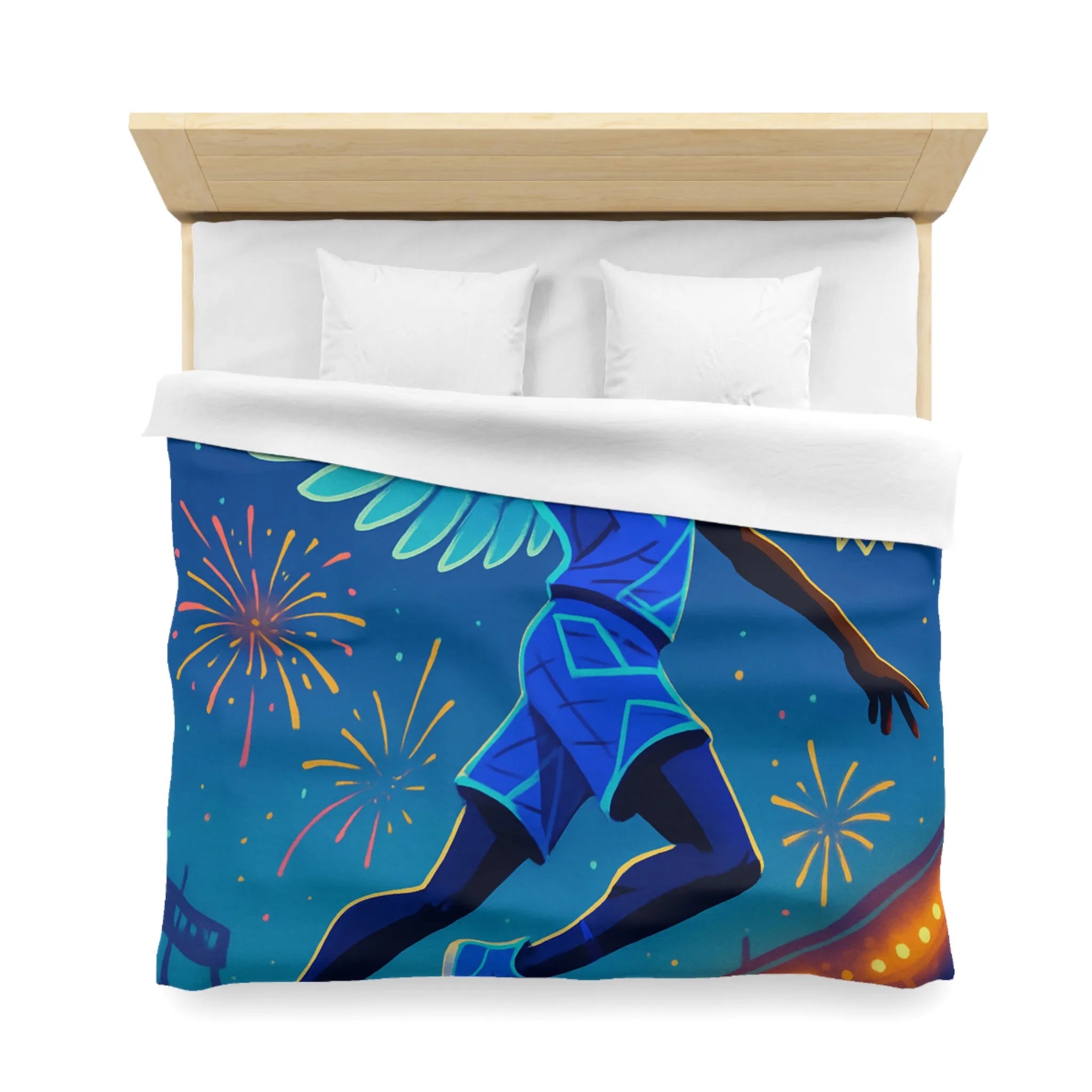 Housse de couette avec joueur de basket volant sous un ciel étoilé lumineux