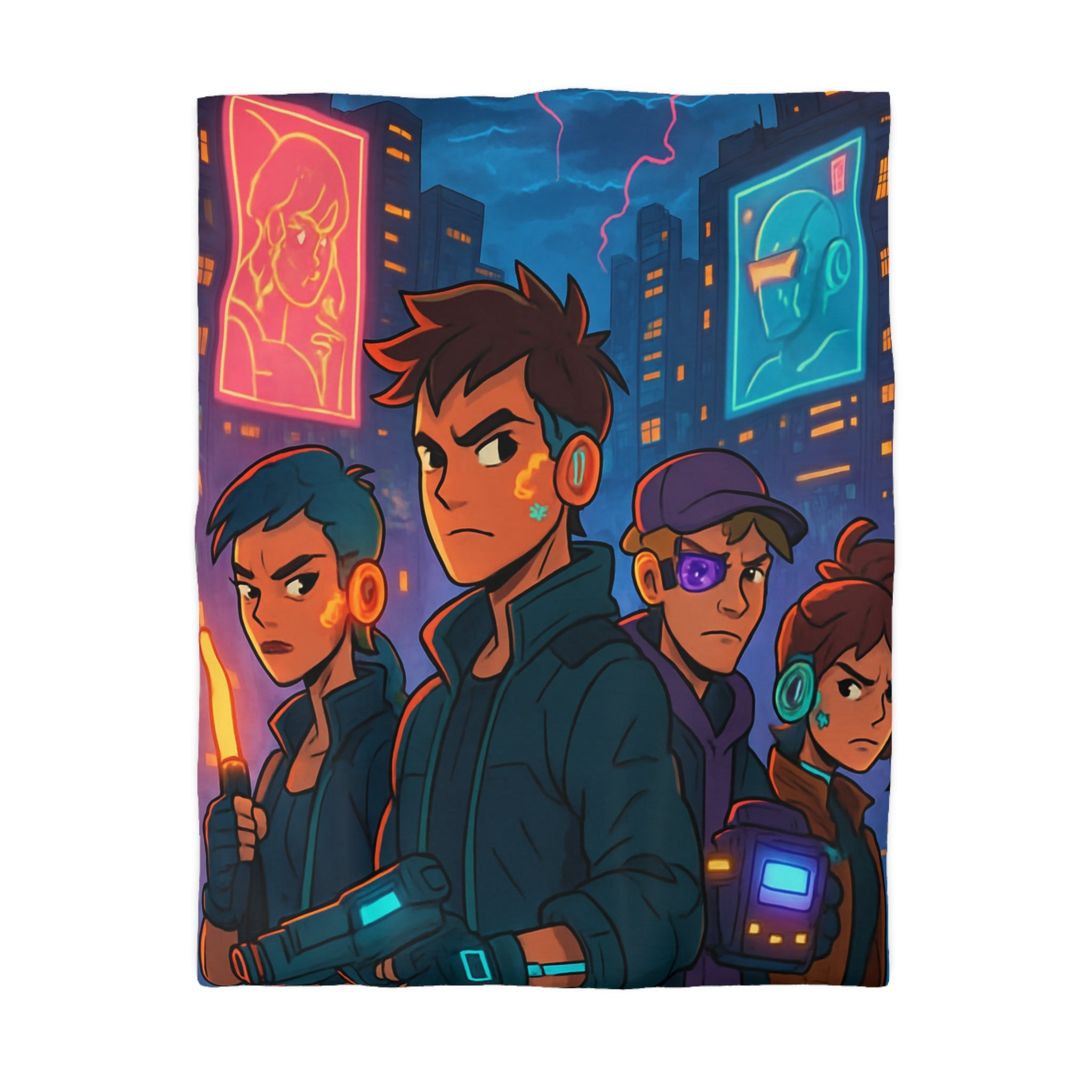 Housse de couette style rétro futuriste avec scène urbaine néon et personnages cyberpunk