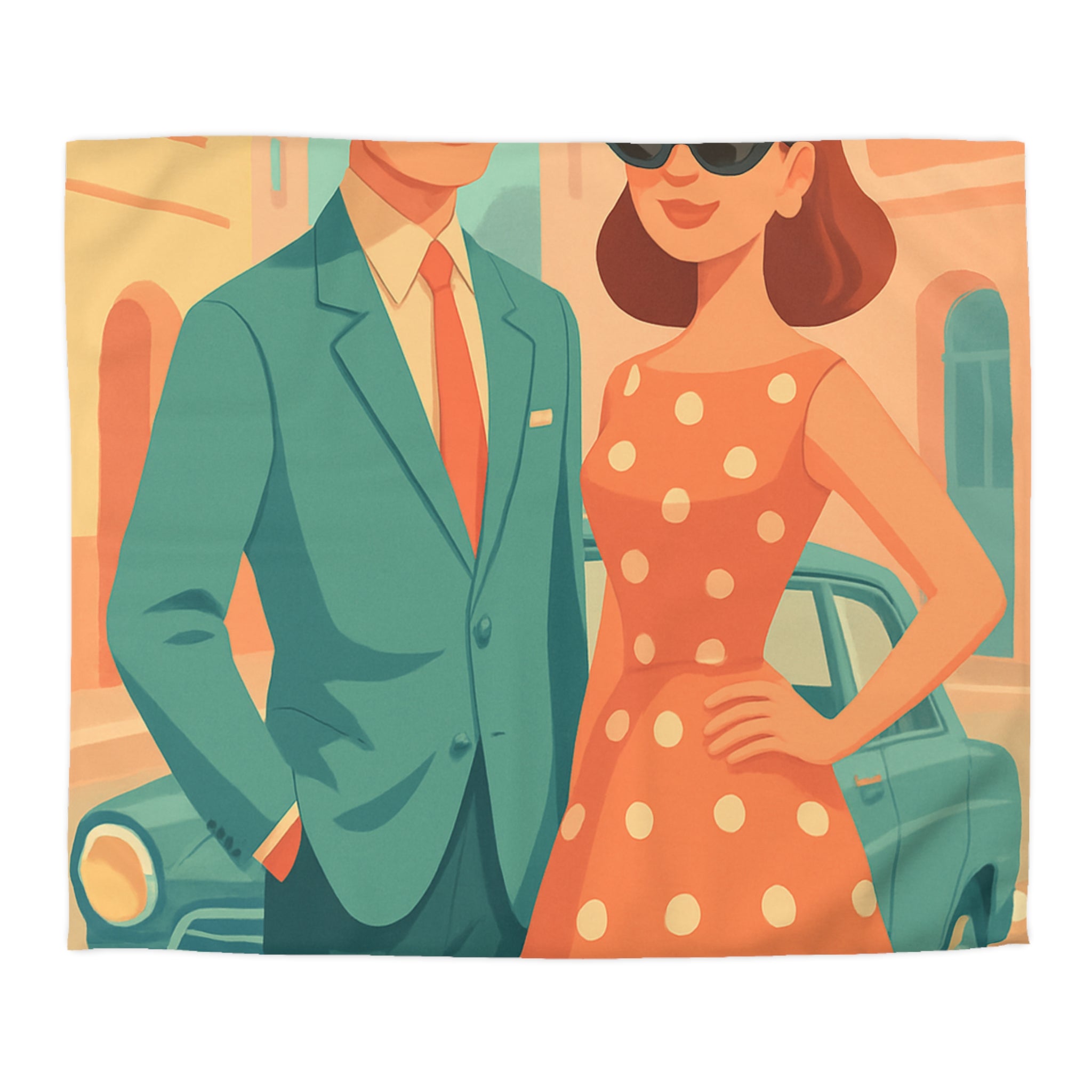 Housse de couette vintage rétro avec couple élégant en habits années 50 chic