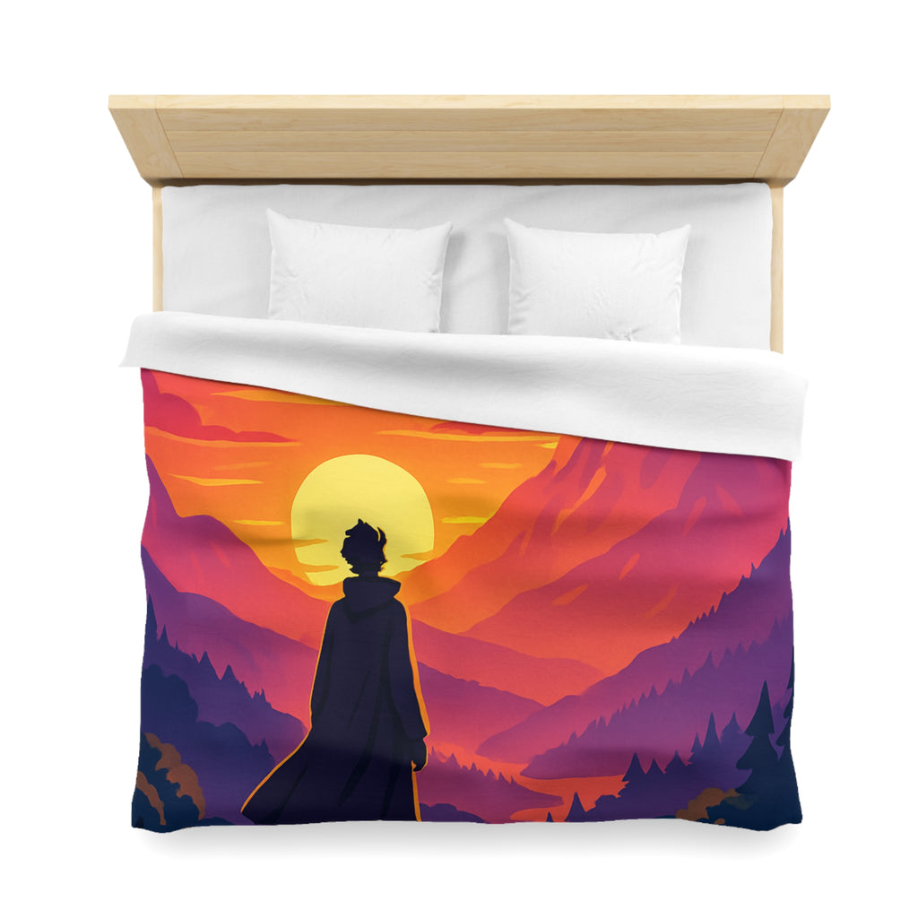 Housse de couette montagnes coucher de soleil silhouette homme paysage artistique vibrant