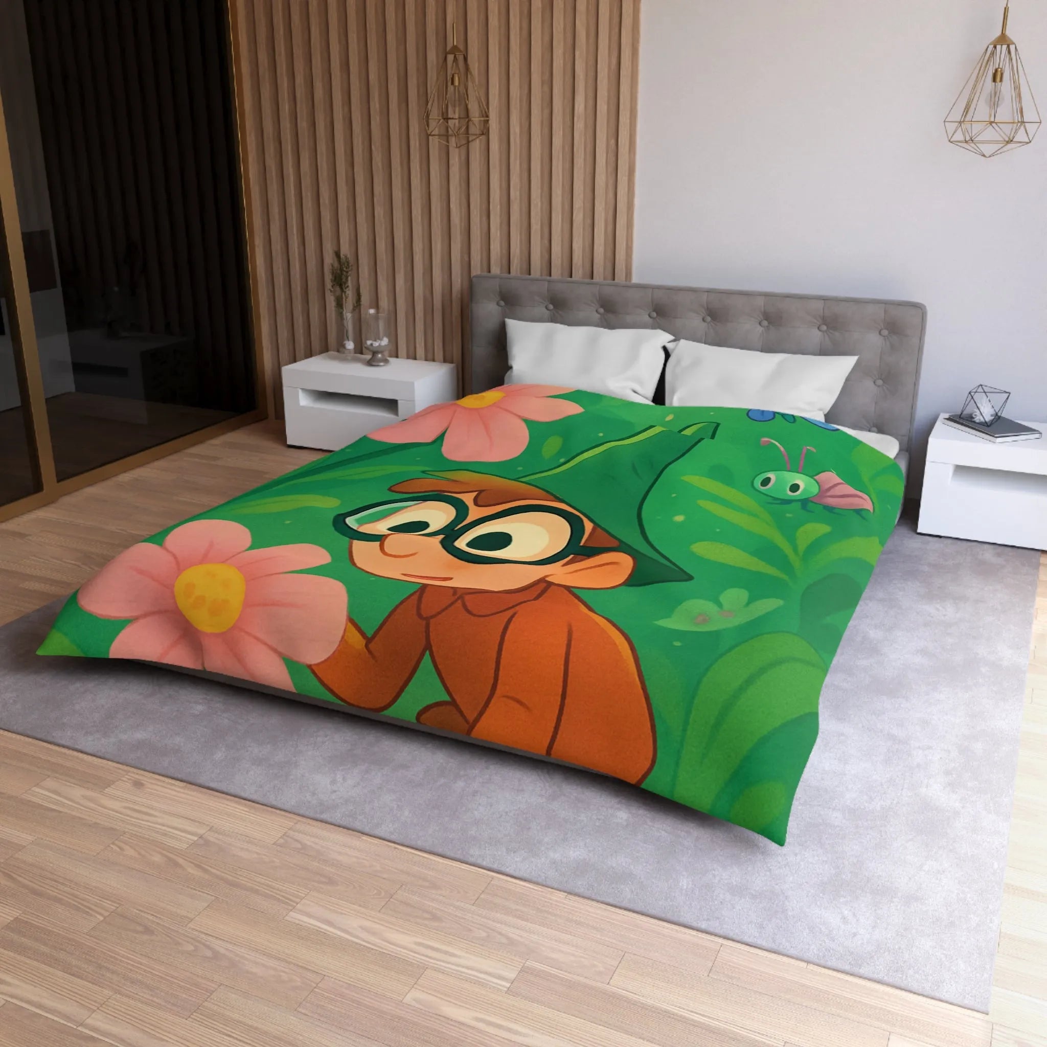 Housse de couette enfants magique jardin avec garçon et fleurs papillon colorés