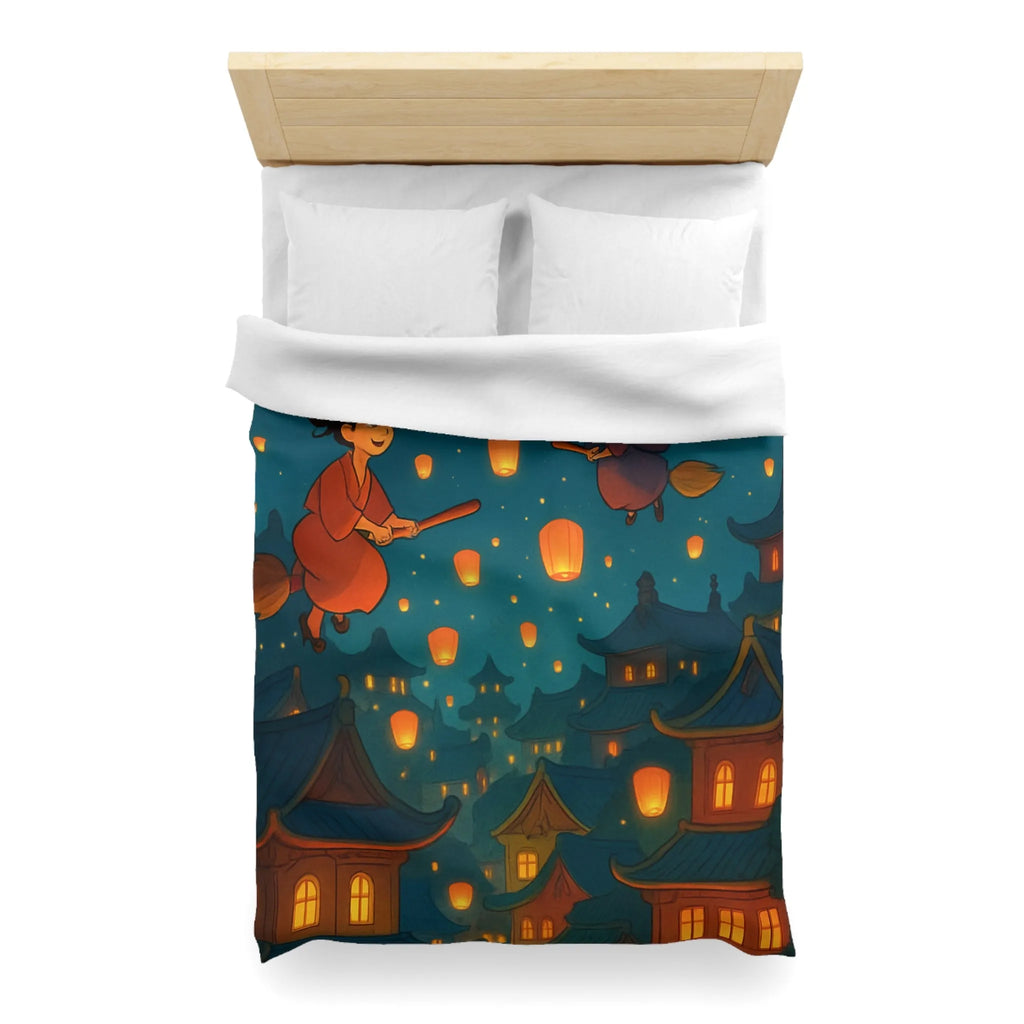 Housse de Couette Magique avec Sorcières Volantes et Lanternes dans le Ciel Nocturne