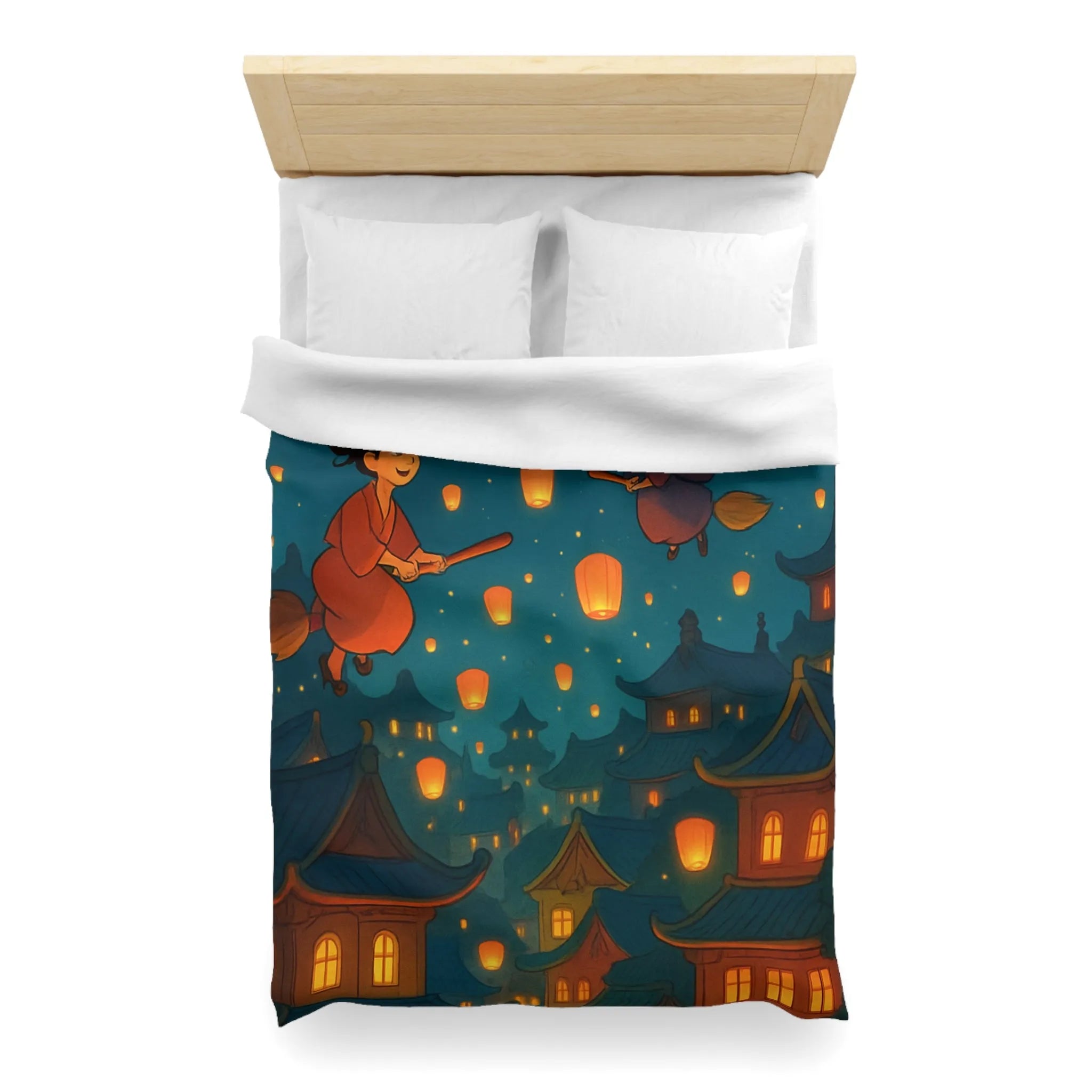 Housse de Couette Magique avec Sorcières Volantes et Lanternes dans le Ciel Nocturne
