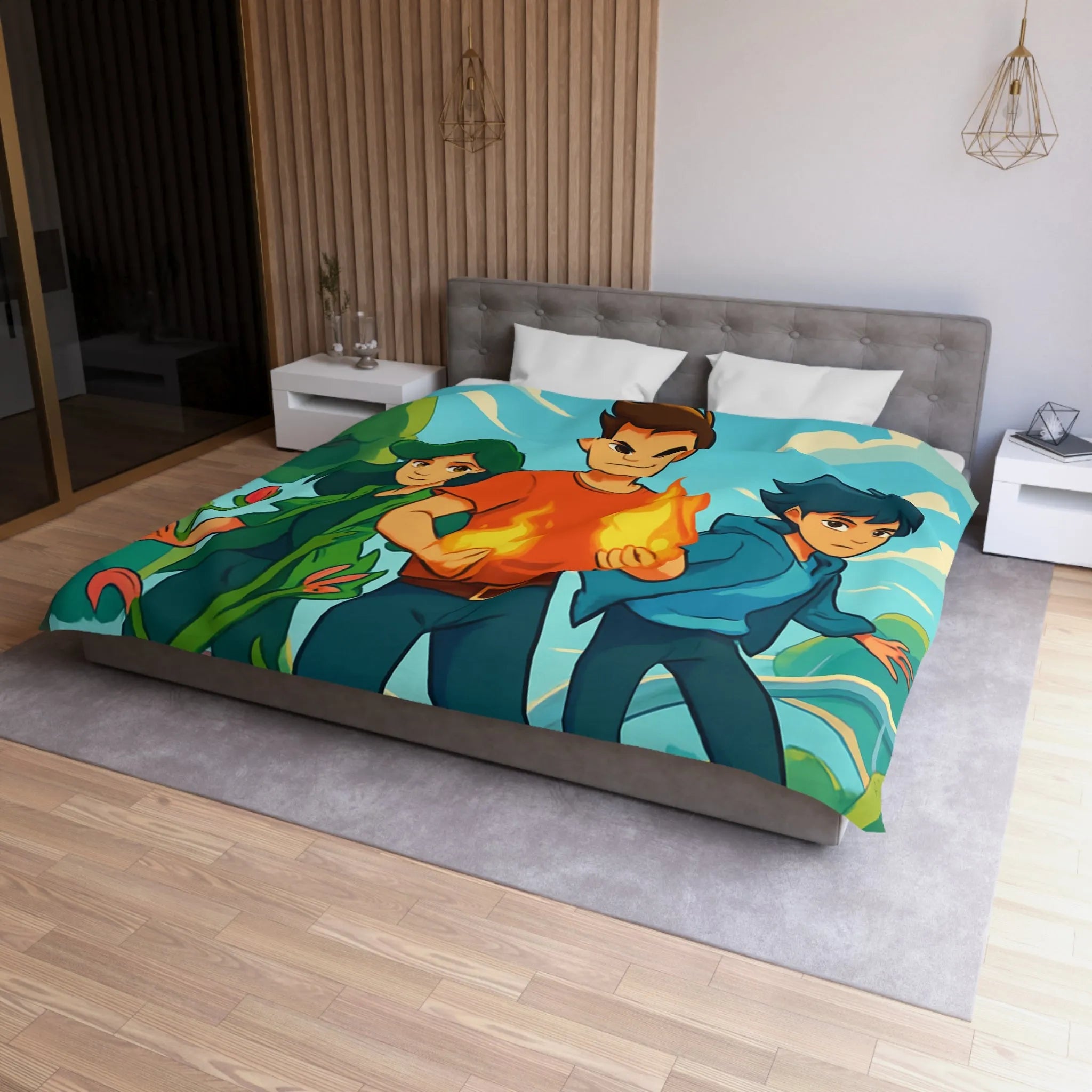 Housse de couette aventure jeune héros, nature et futur avec drones volants