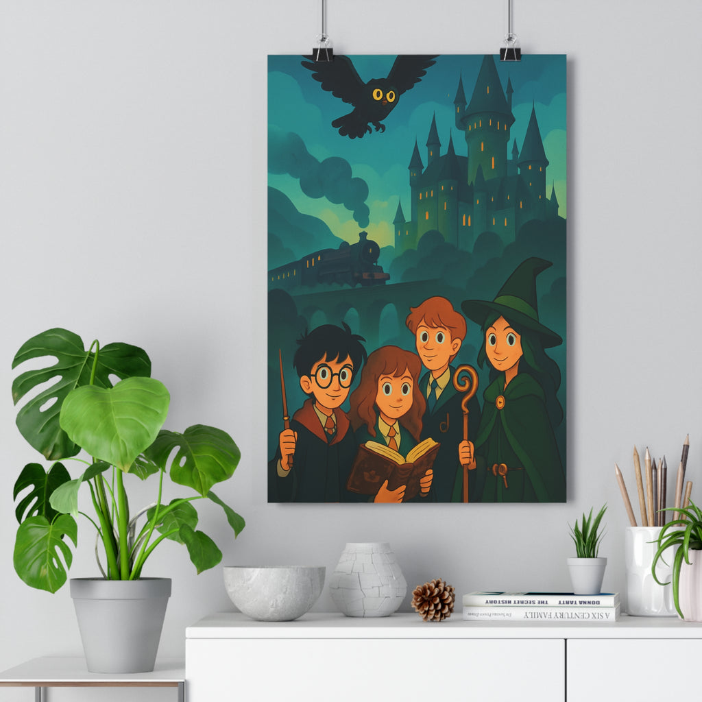 Poster décoratif mystique château sorcier magique aventure bleu noir chambre enfant fantastique hibou qualité