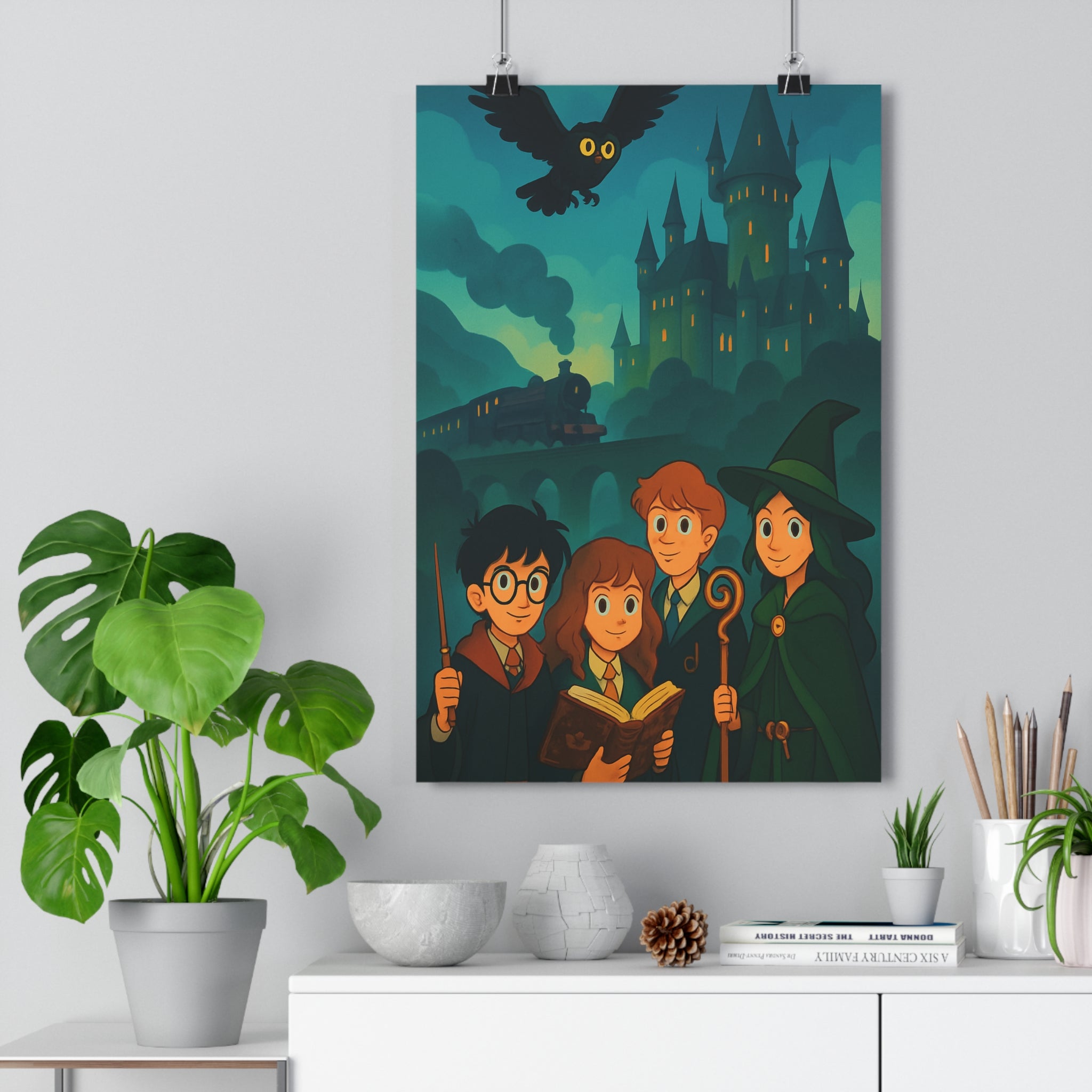 Poster décoratif mystique château sorcier magique aventure bleu noir chambre enfant fantastique hibou qualité