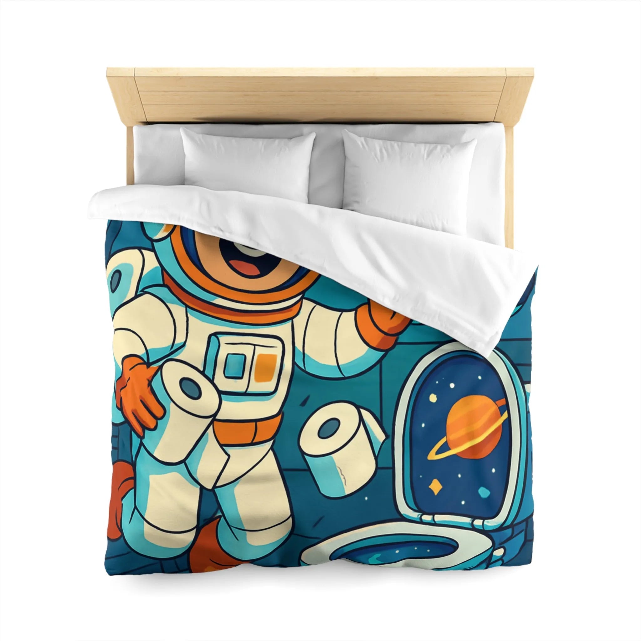 Housse de couette avec astronaute joyeux en cabine spatiale avec rouleaux flottants