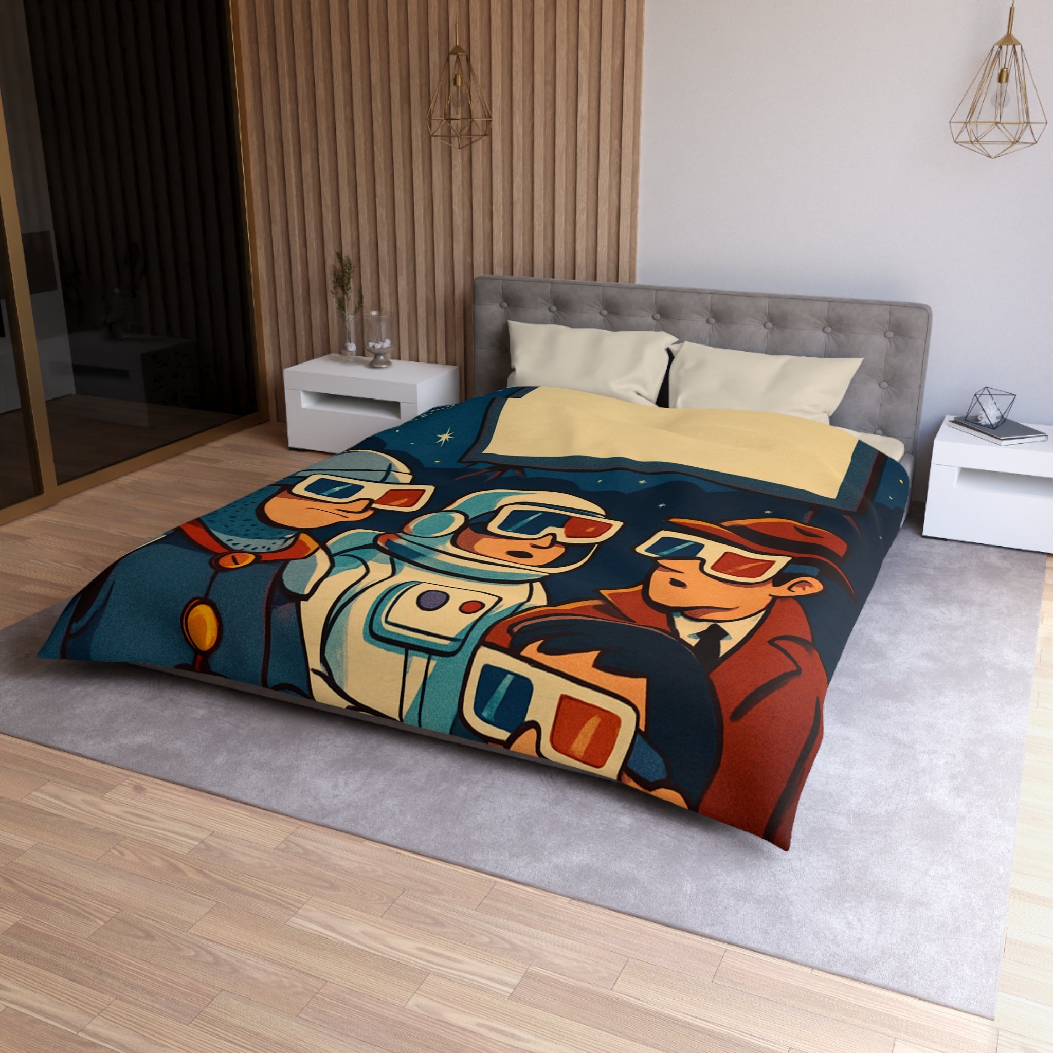 Housse de Couette Unique Inspirée Cinéma Rétro Avec Personnages Insolites Regardant Écran