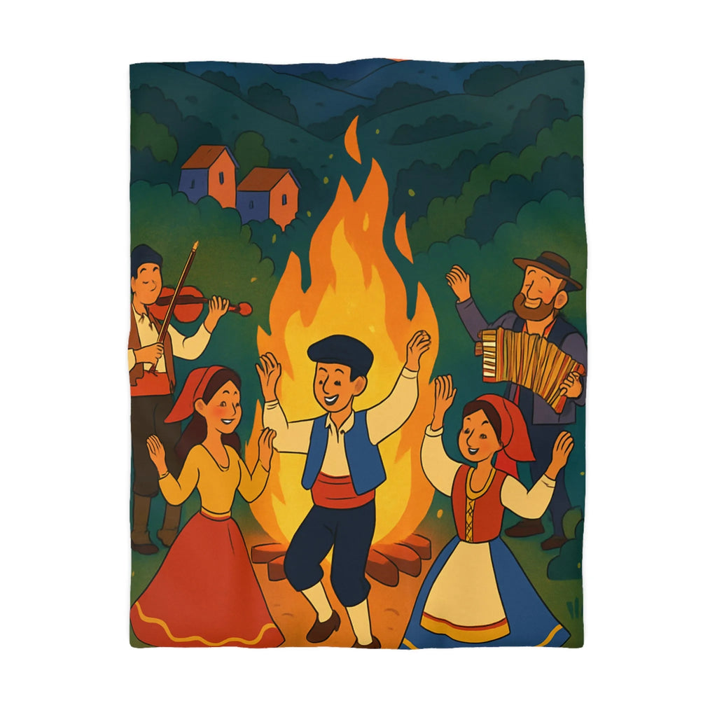 Housse de couette colorée danse folklorique autour du feu avec musiciens traditionnels